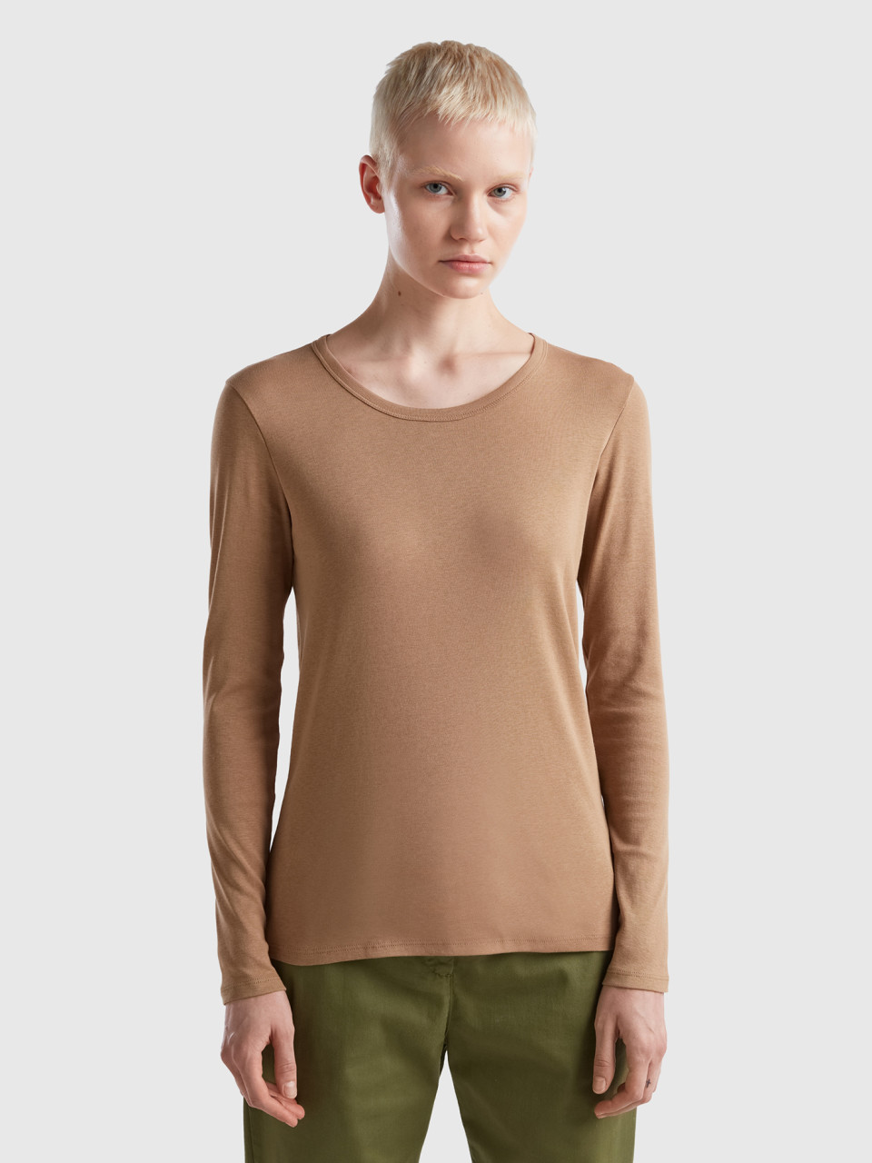 Benetton, T-shirt Manches Longues En Pur Coton, Camel, Femme