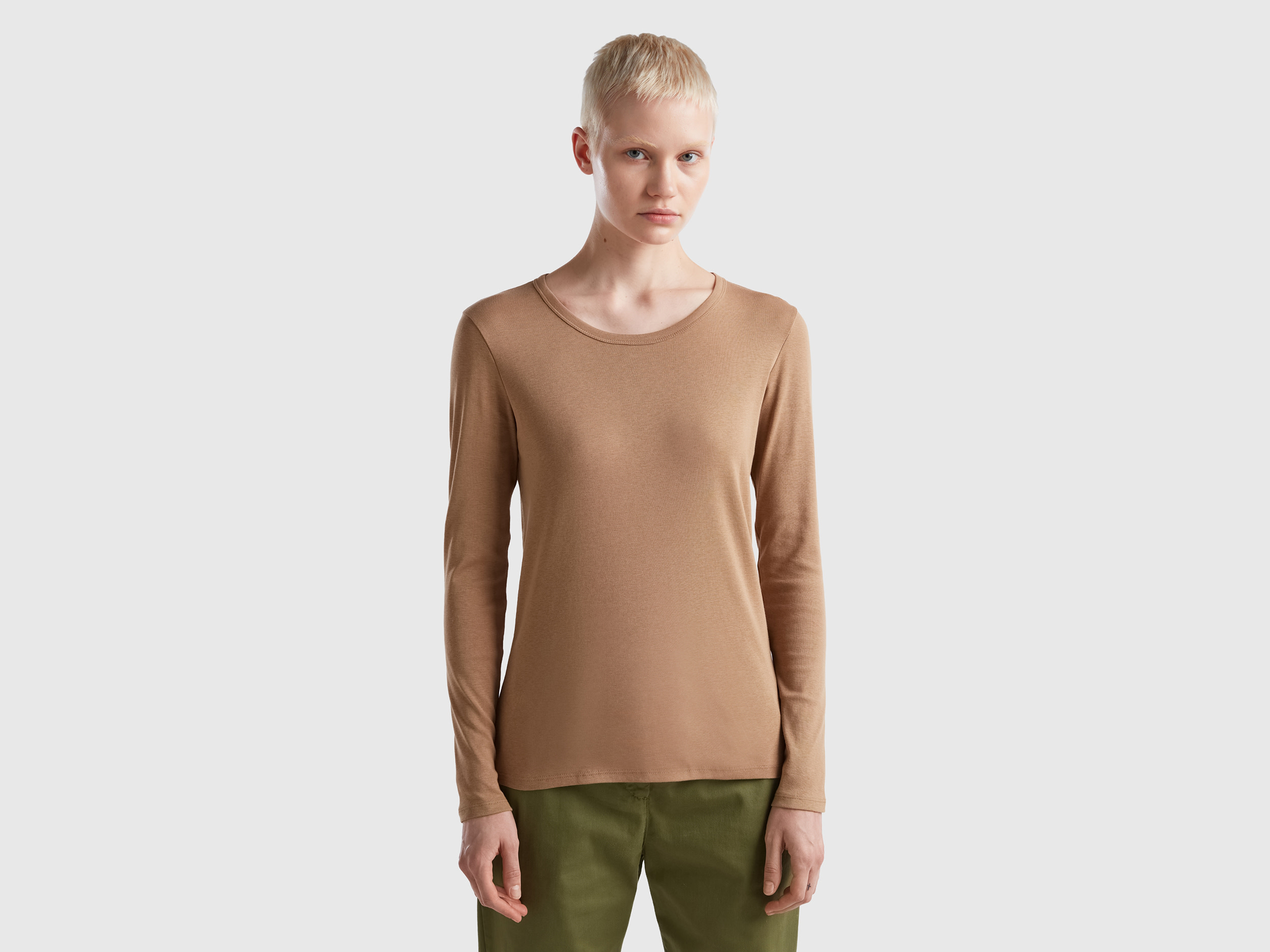 Benetton, Long Sleeve Pure Cotton T-shirt, size S, Camel, Women