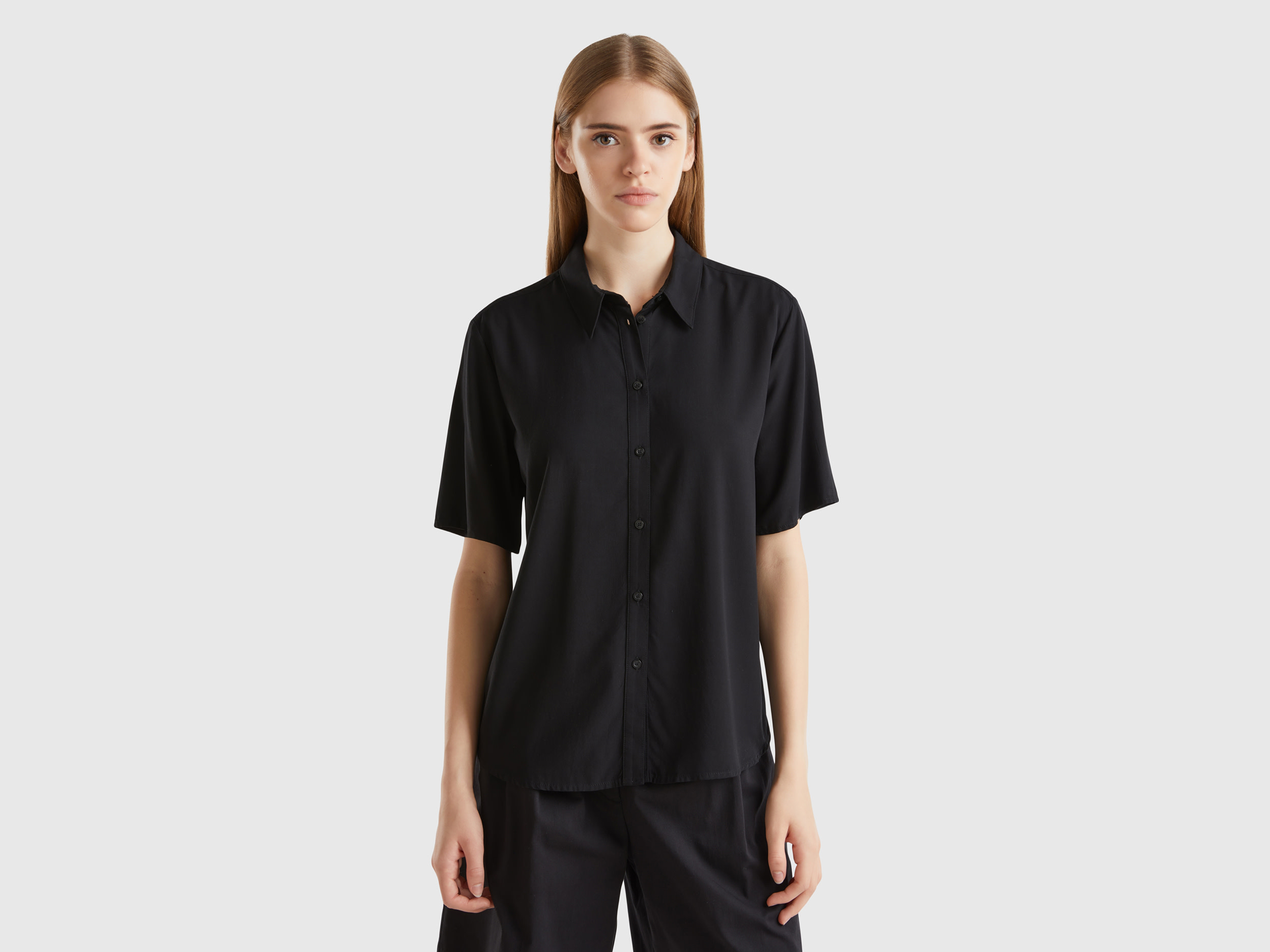 Benetton, Camicia Manica 3/4 In Viscosa Sostenibile, Nero, Donna