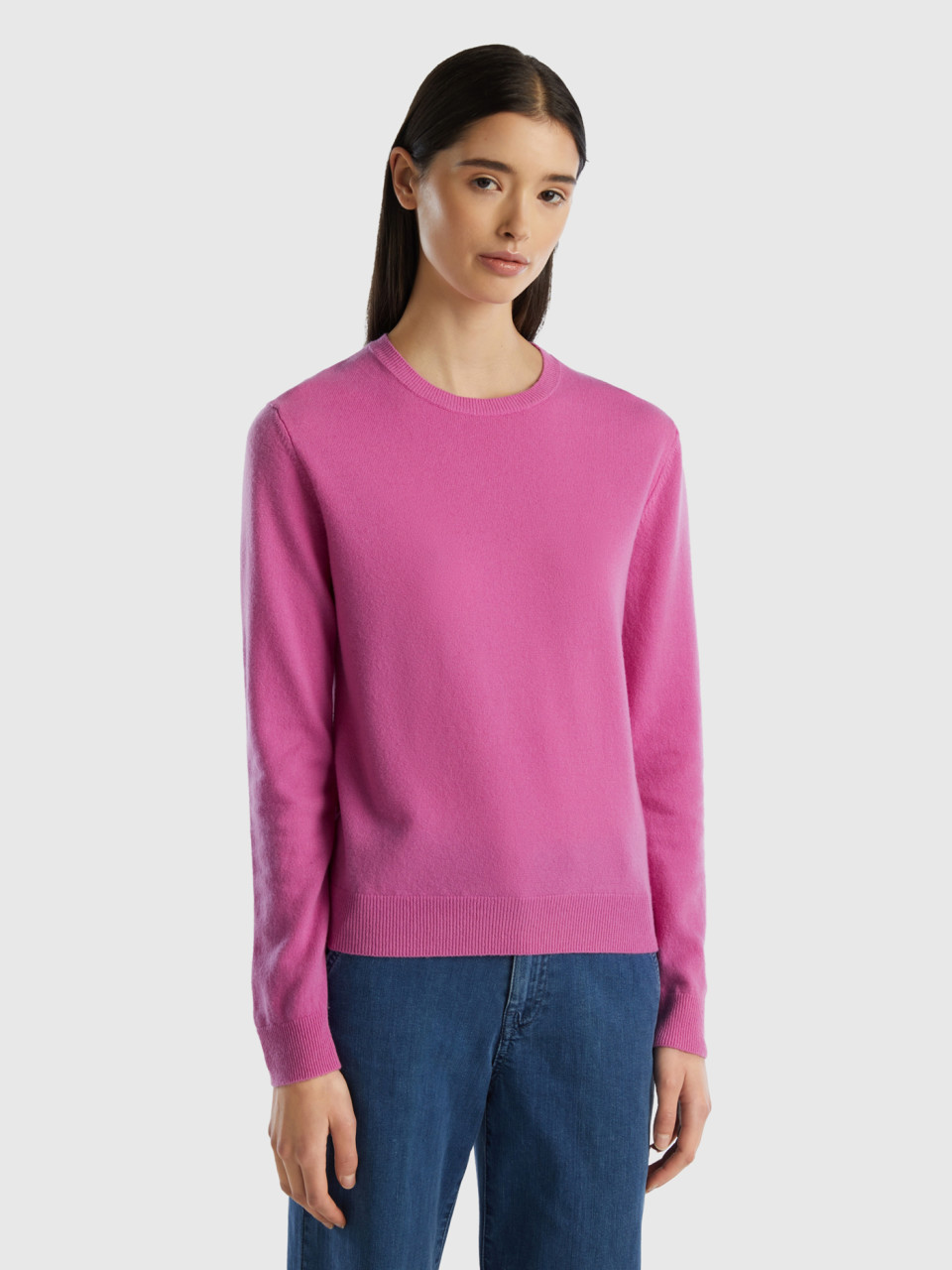 Benetton, Dark Pink Crew Neck Sweater In Merino Wool, Pink, Women