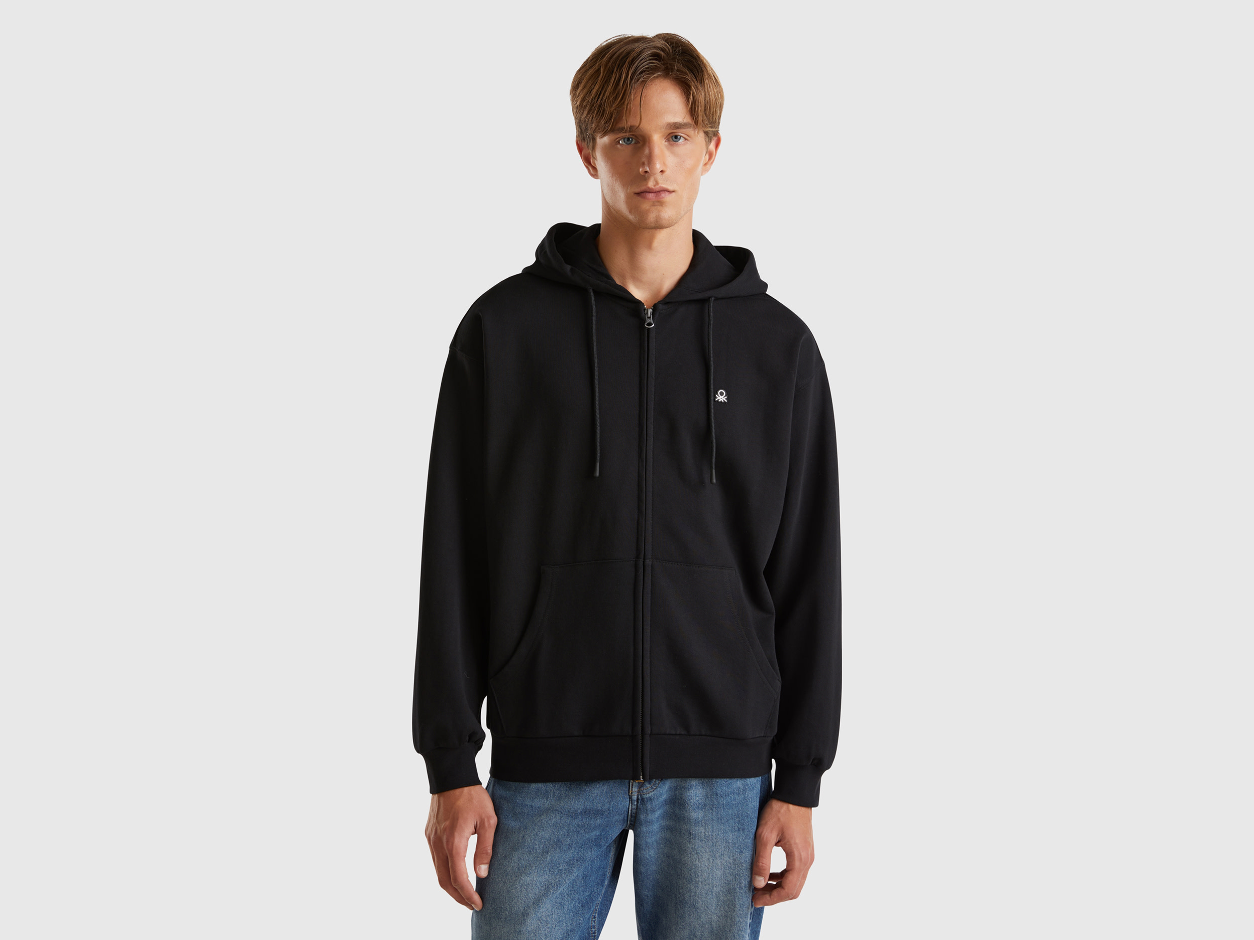 Benetton, Felpa In Cotone Con Zip E Cappuccio, Nero, Uomo