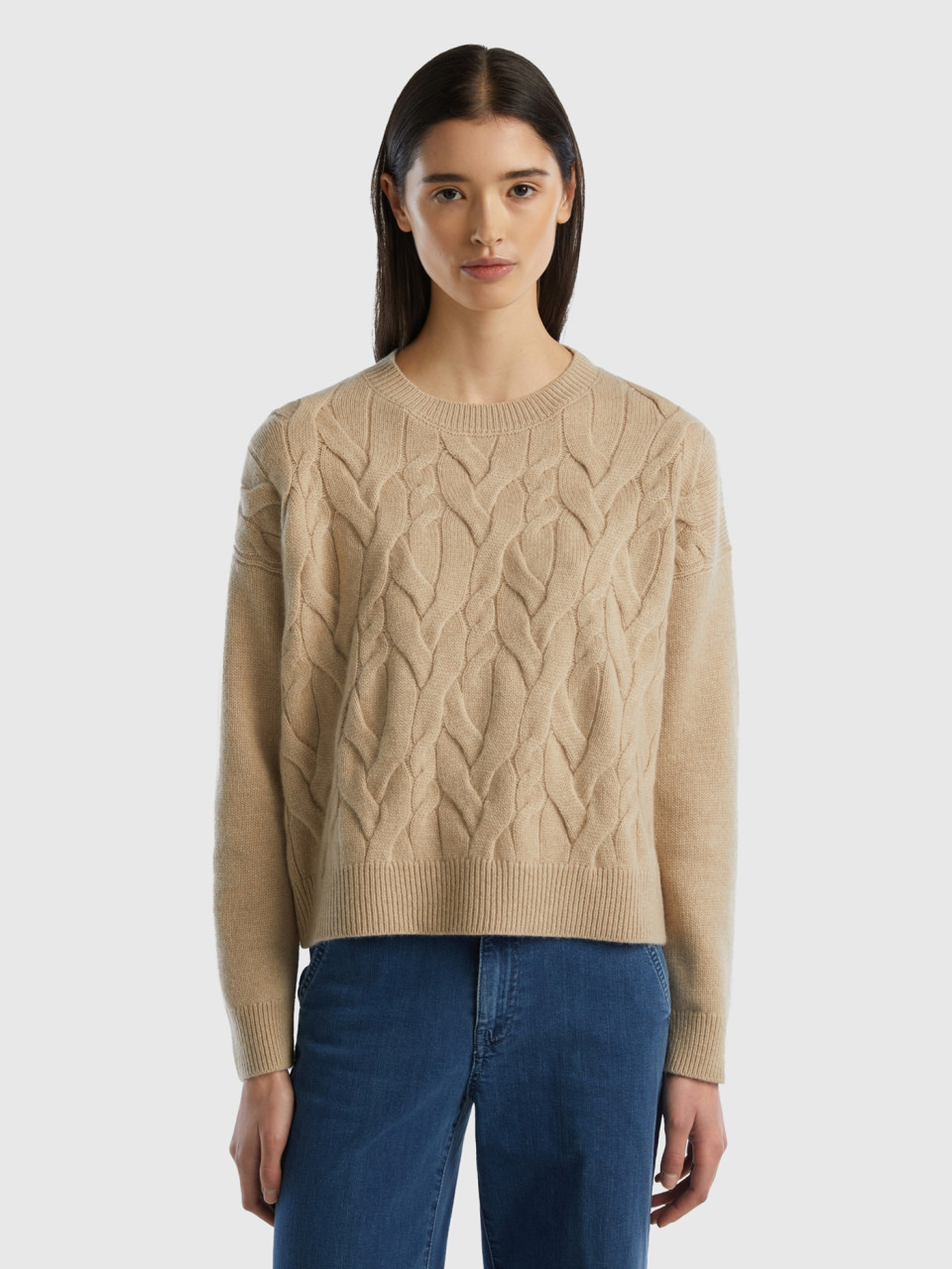 Benetton, Knit Sweater In Pure Cashmere, Beige, Women