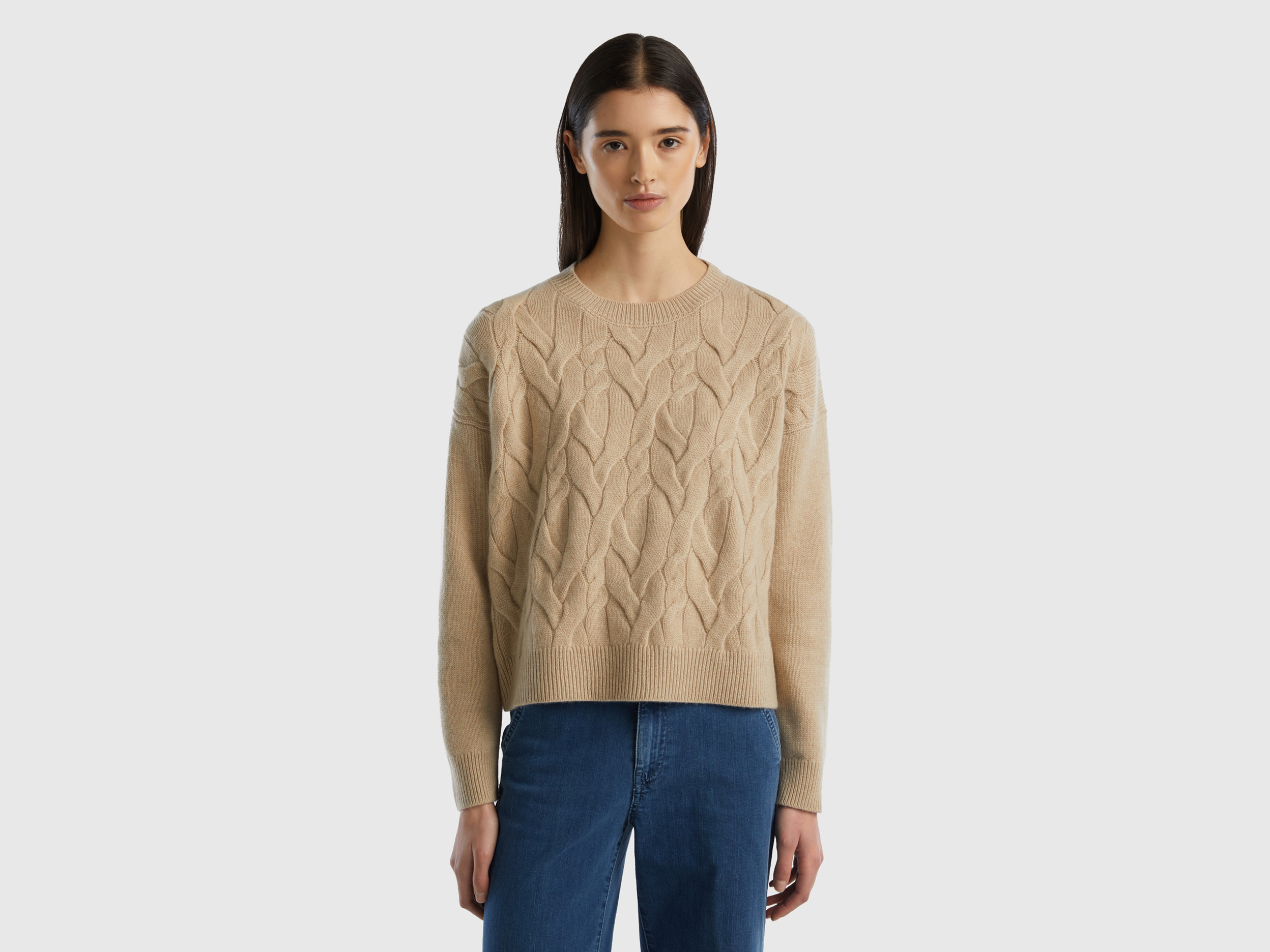 Benetton, Knit Sweater In Pure Cashmere, size XS, Beige, Women