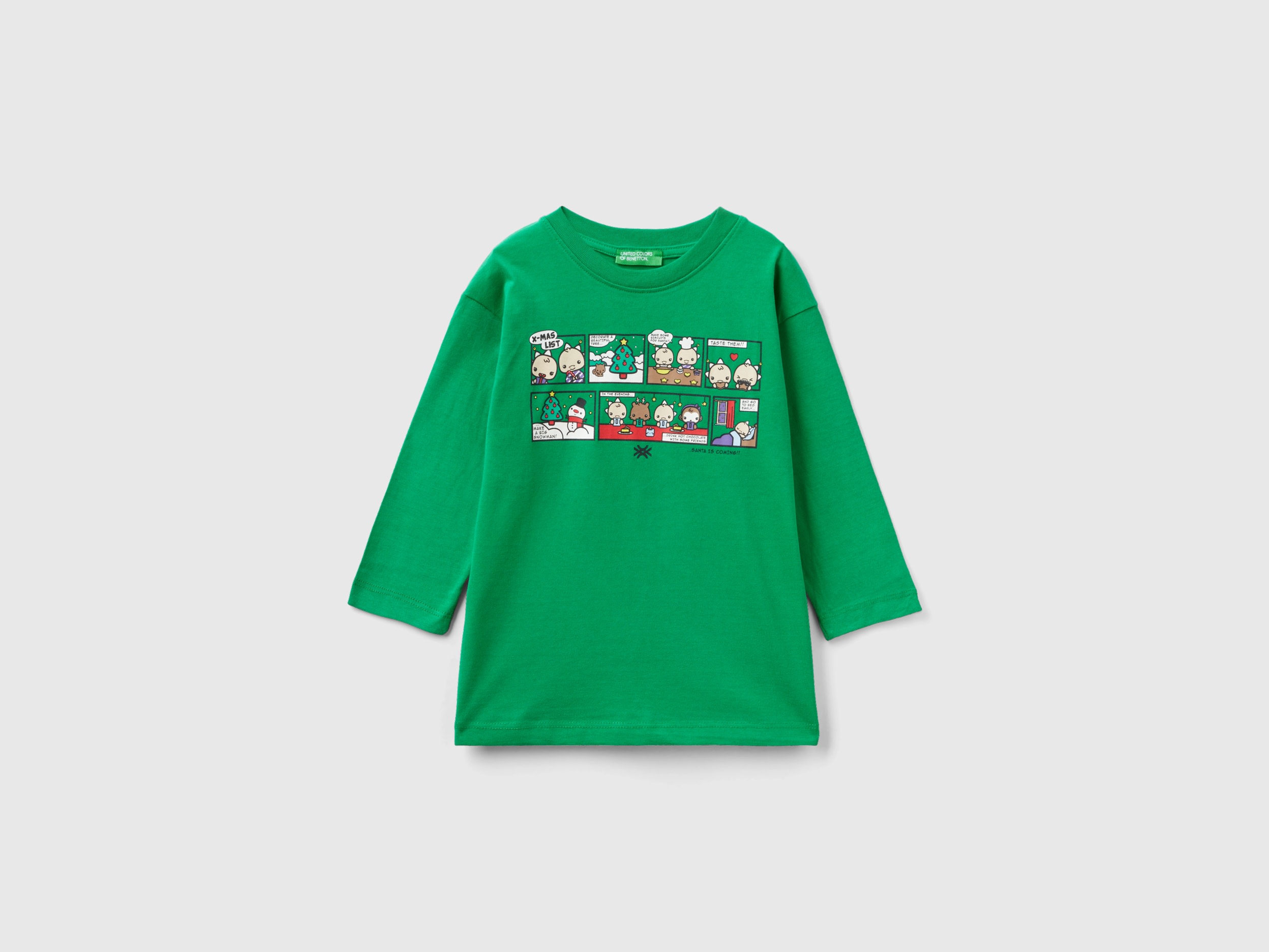 Benetton, Warm T-shirt With Christmas Print, size 2-3, Green, Kids