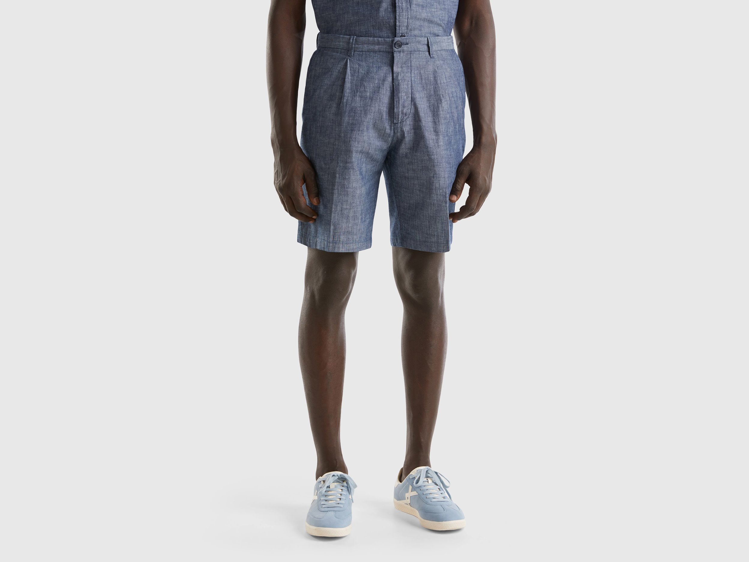 Benetton, Shorts In Chambray, Grigio, Uomo