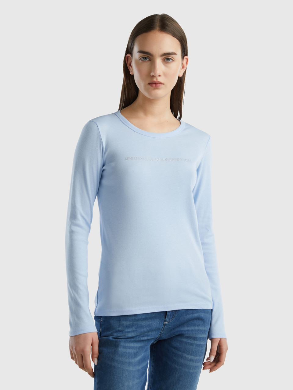 Benetton, T-shirt Bleu Clair À Manches Longues 100 % Coton, Bleu Ciel, Femme