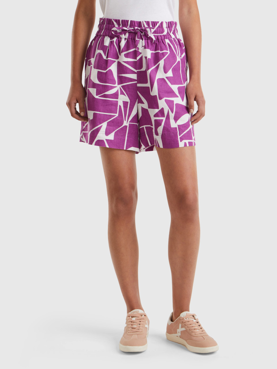 Benetton, Printed Linen Shorts, Violet, Women