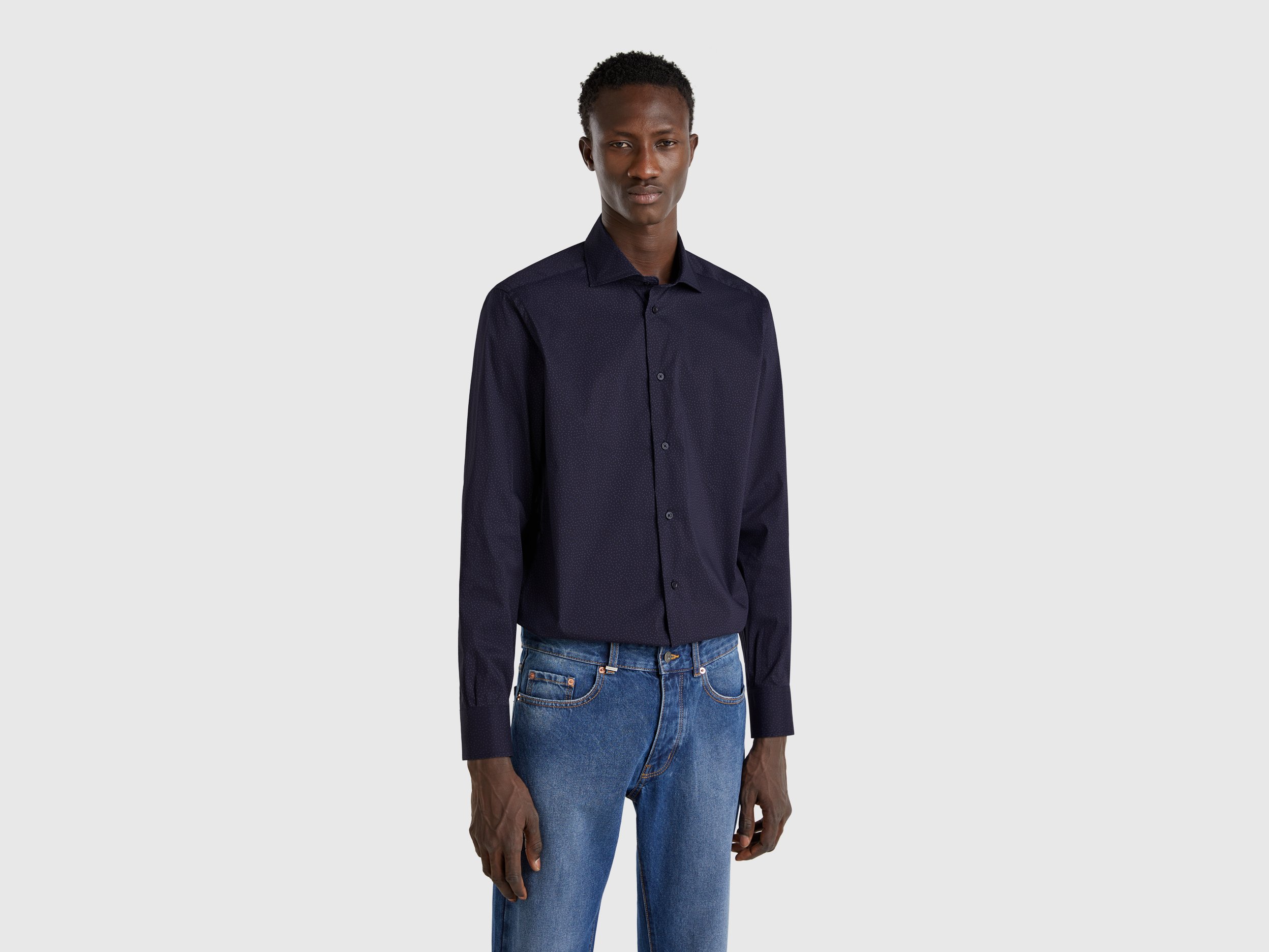Benetton, Πουκάμισο Με Σχέδια Σλιμ Εφαρμογής, size M, Σκουρο Μπλε, Ανδρικά φωτογραφία