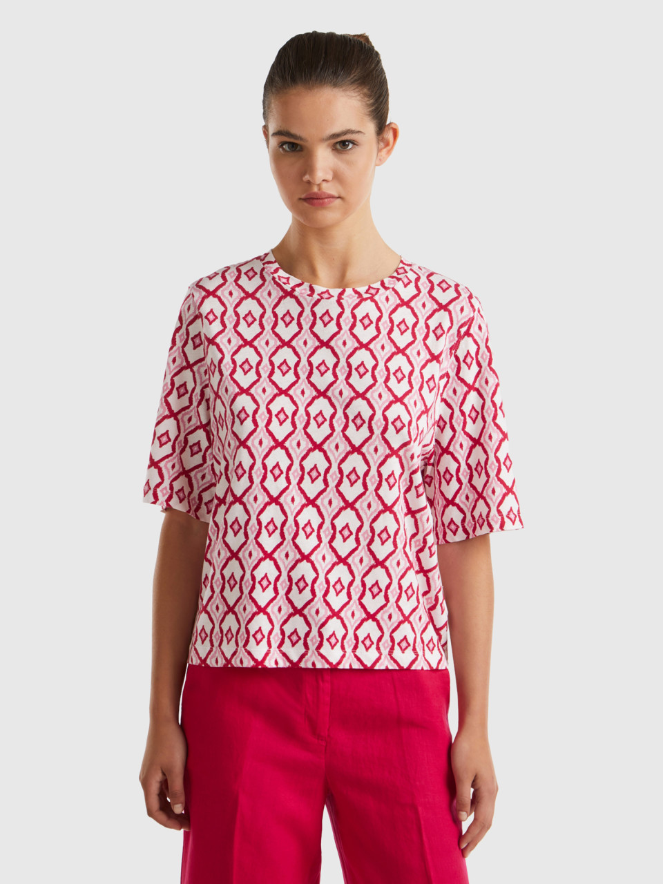 Benetton, T-shirt With Geometric Pattern, Cyclamen, Women