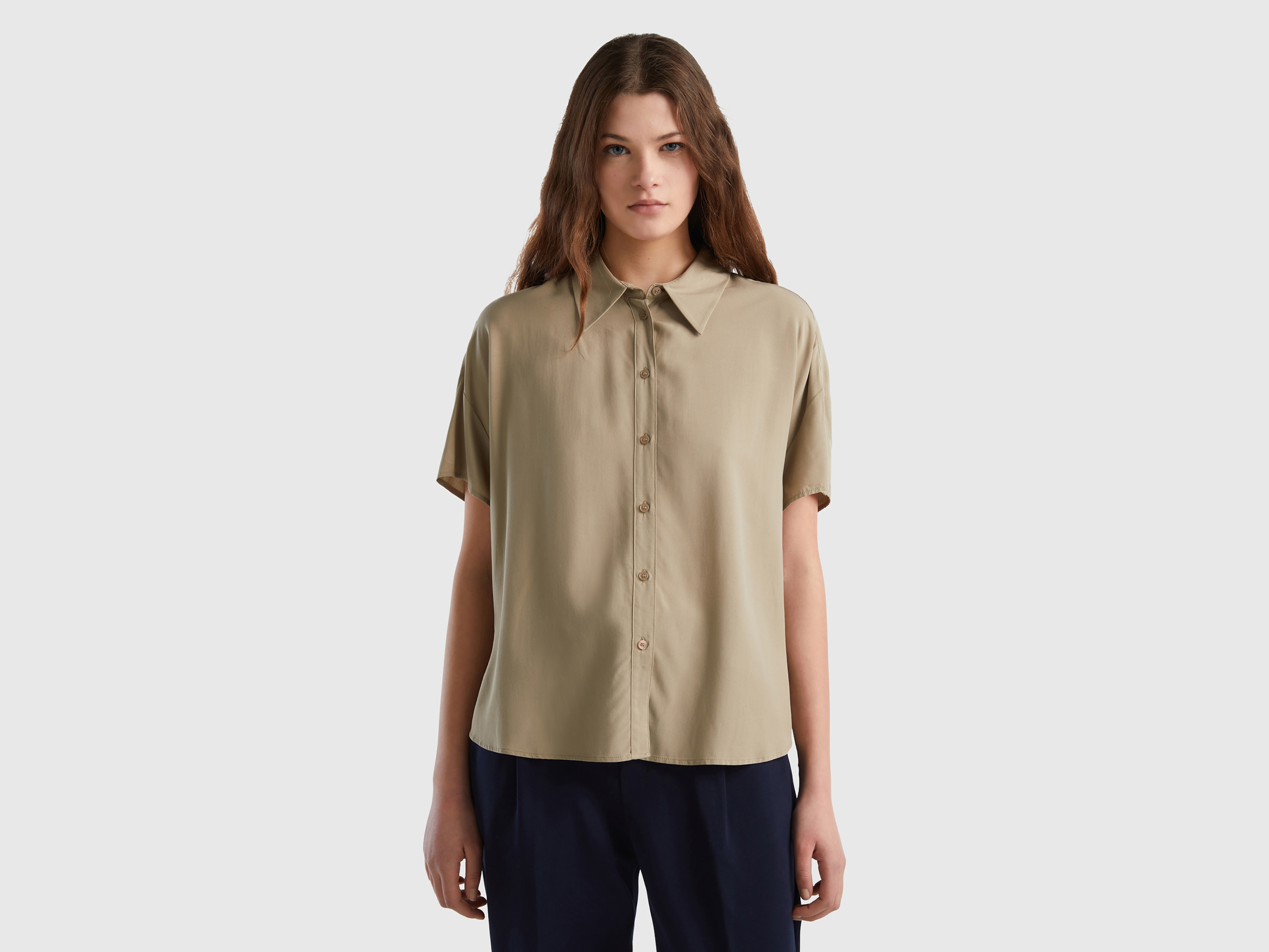 Benetton, Short Sleeve Shirt In Sustainable Viscose, size L, Light Green, Women