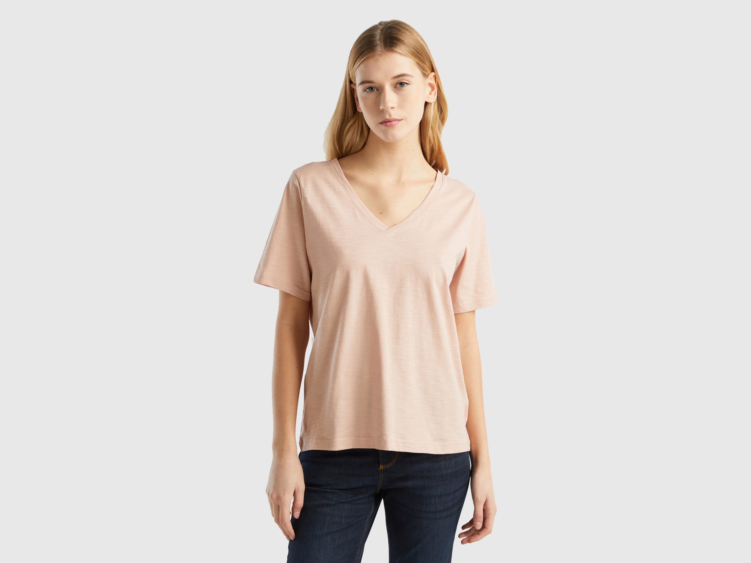 Benetton, V-neck T-shirt In Slub Cotton, size S, Nude, Women