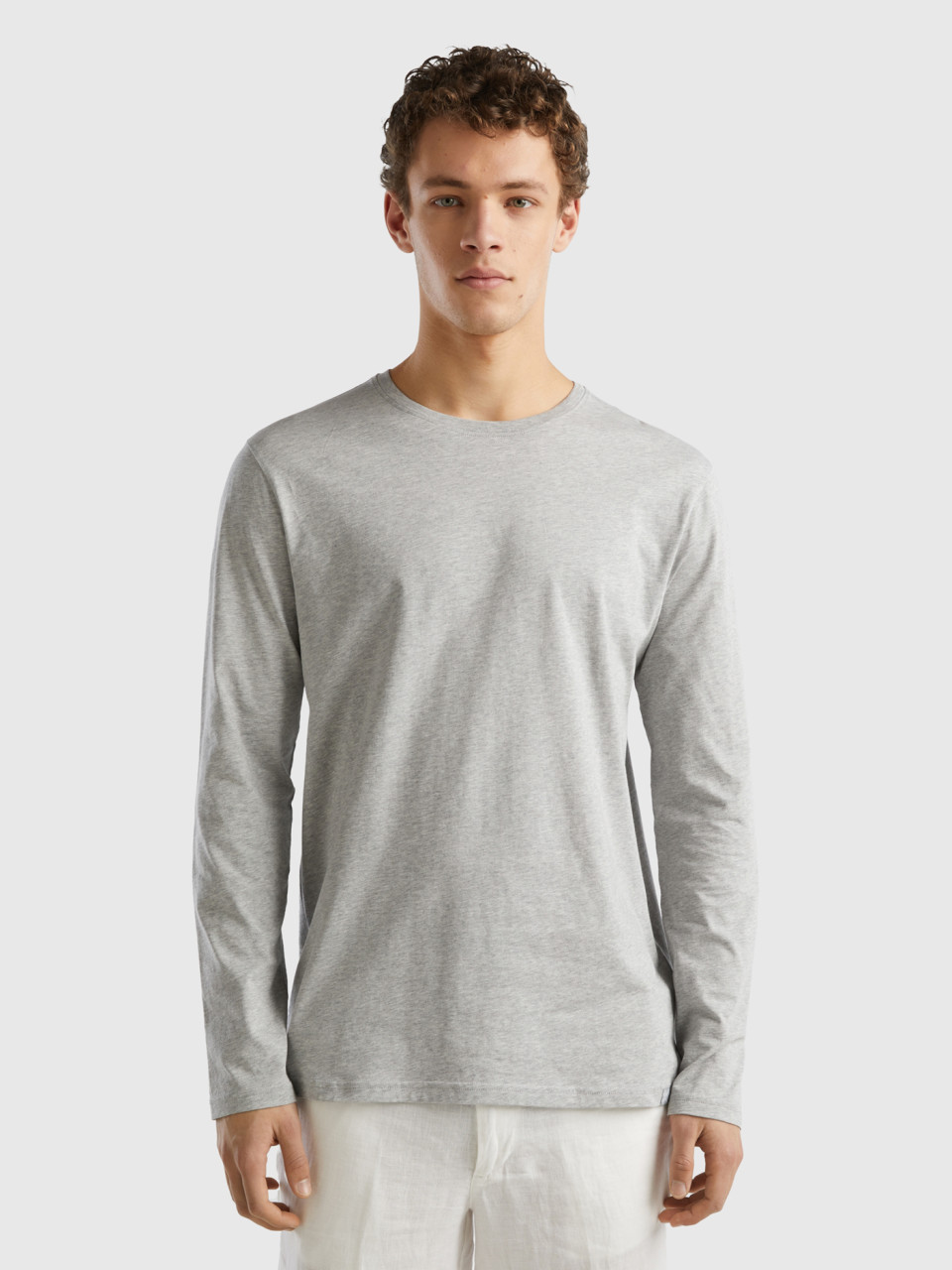 Benetton, Long Sleeve Pure Cotton T-shirt, Light Gray, Men
