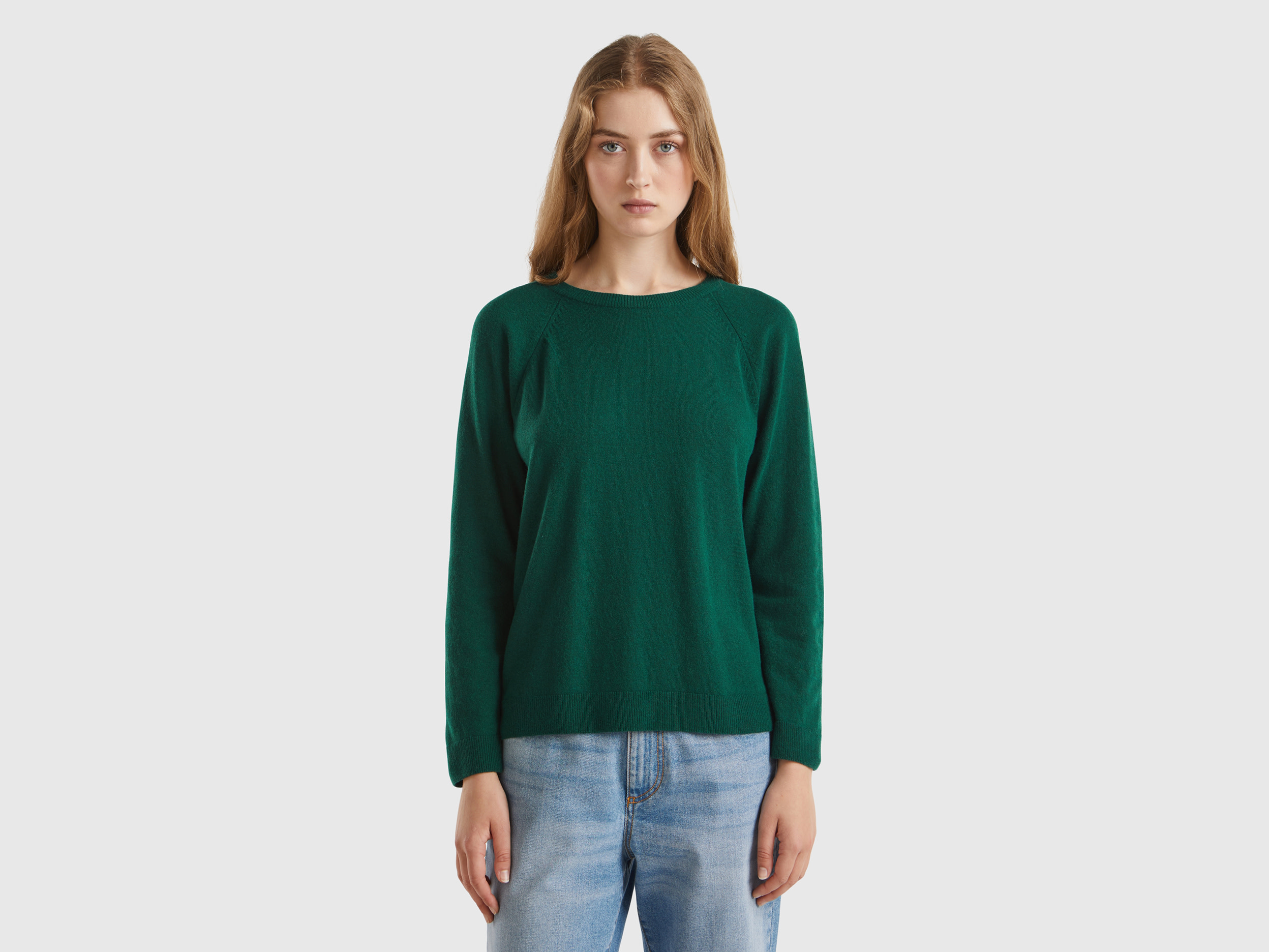 Benetton, Maglia Girocollo Verde Bosco In Misto Lana E Cashmere, Verde Scuro, Donna