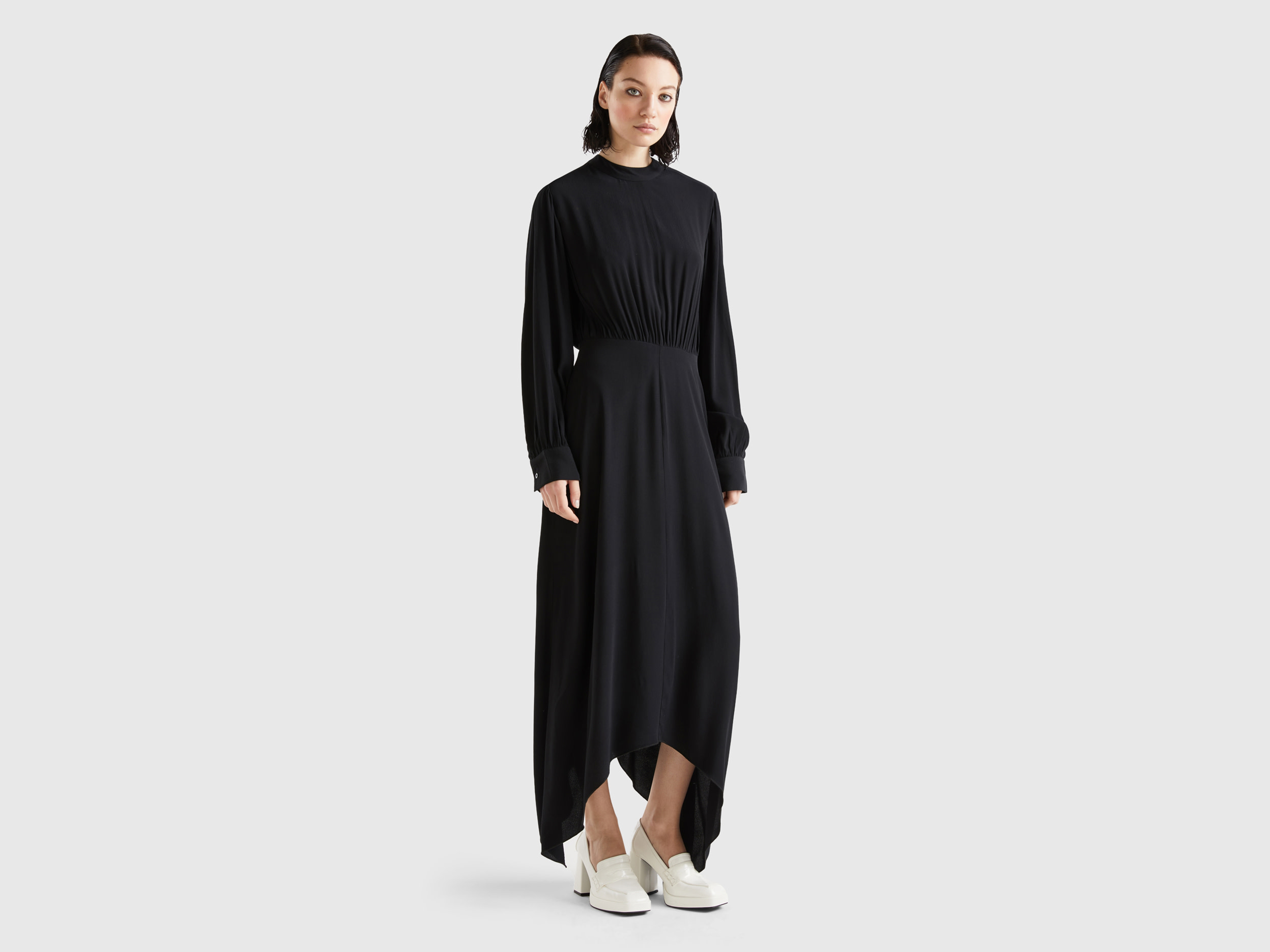Benetton, Long Dress In Flowy Viscose, size L, Black, Women