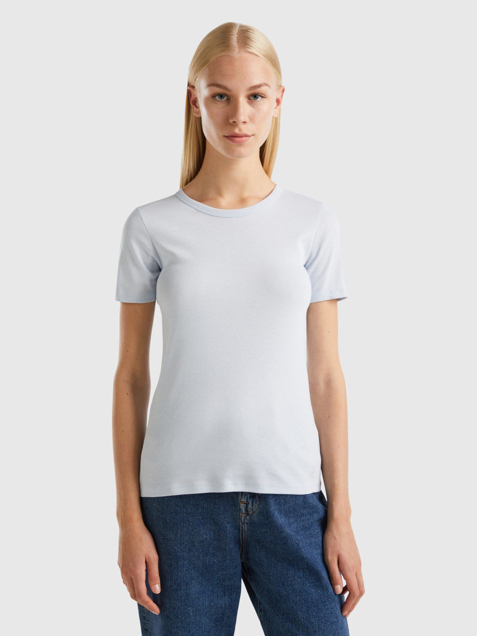 Benetton, T-shirt En Coton Longues Fibres, Bleu Ciel, Femme