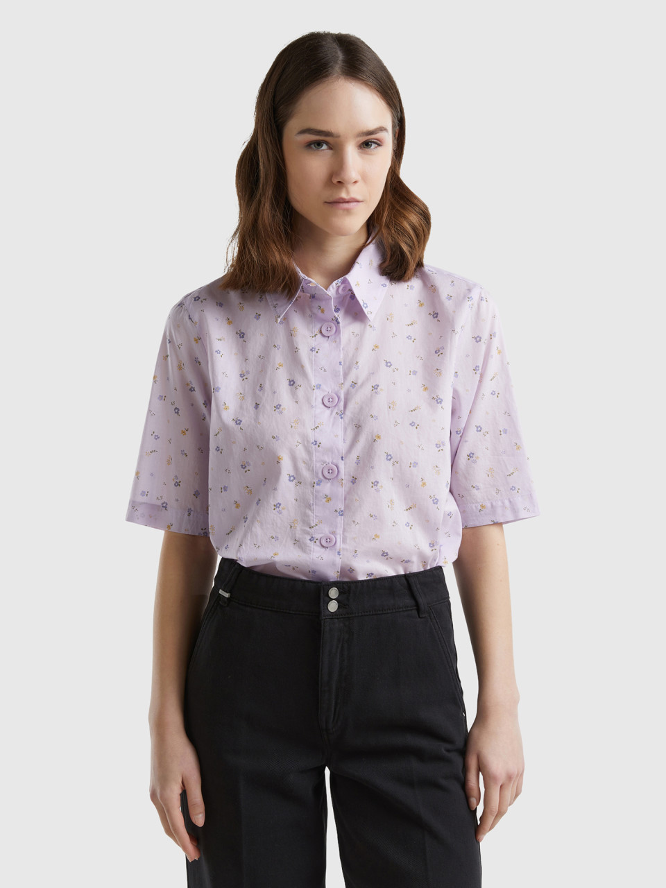 Benetton, Short Sleeve Patterned Shirt, Lilac, Women