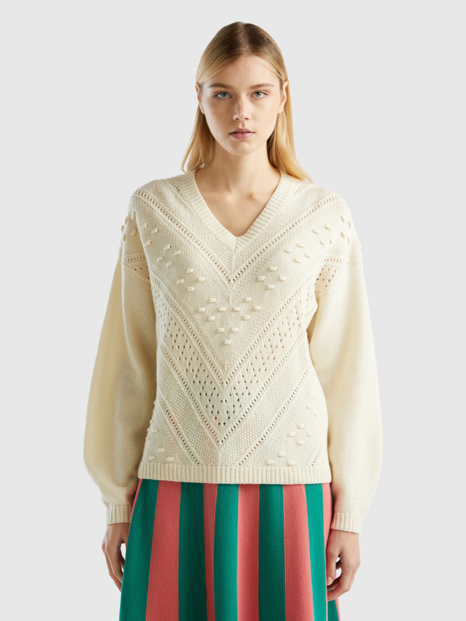 Benetton, Boxy Fit Knit Sweater, Creamy White, Women