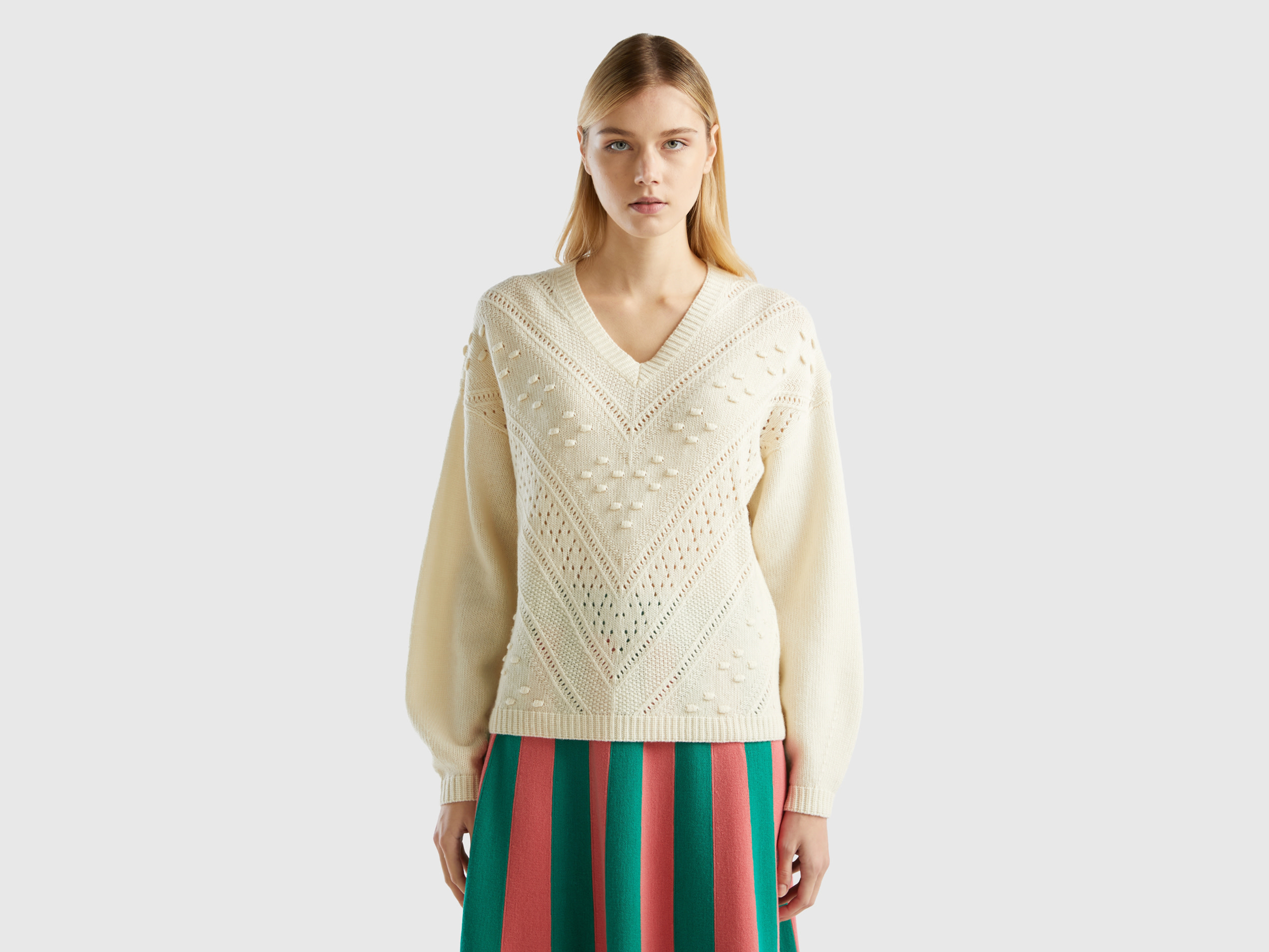 Benetton, Boxy Fit Knit Sweater, size XS-S, Creamy White, Women