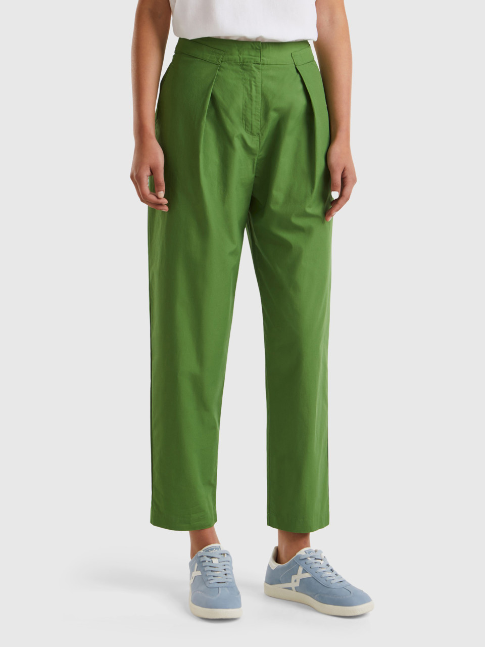 Benetton, Denim Trousers In Lightweight Cotton, Military Green, Women