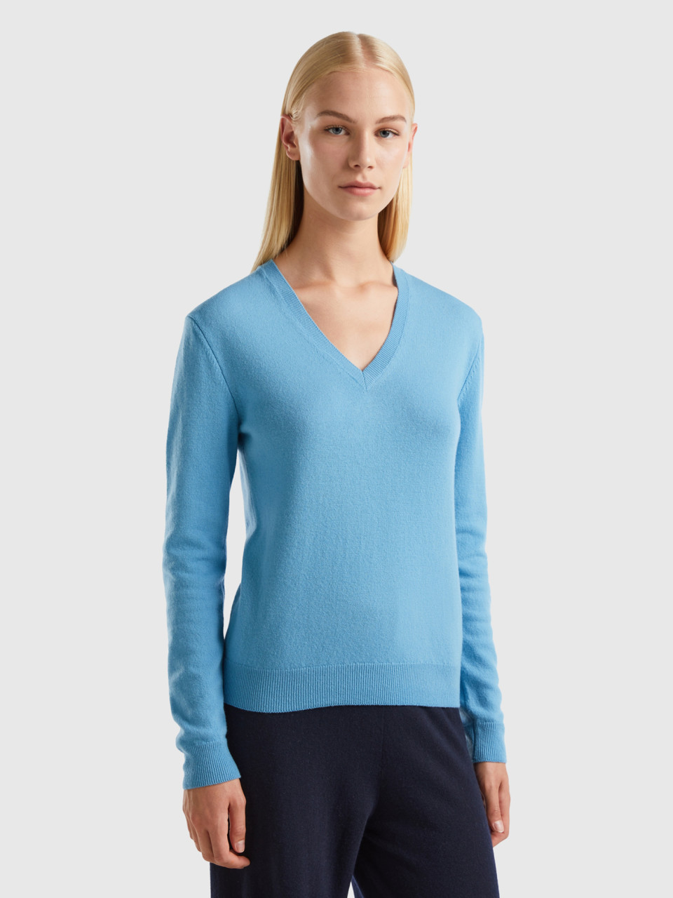 Benetton, Light Blue V-neck Sweater In Pure Merino Wool, Light Blue, Women