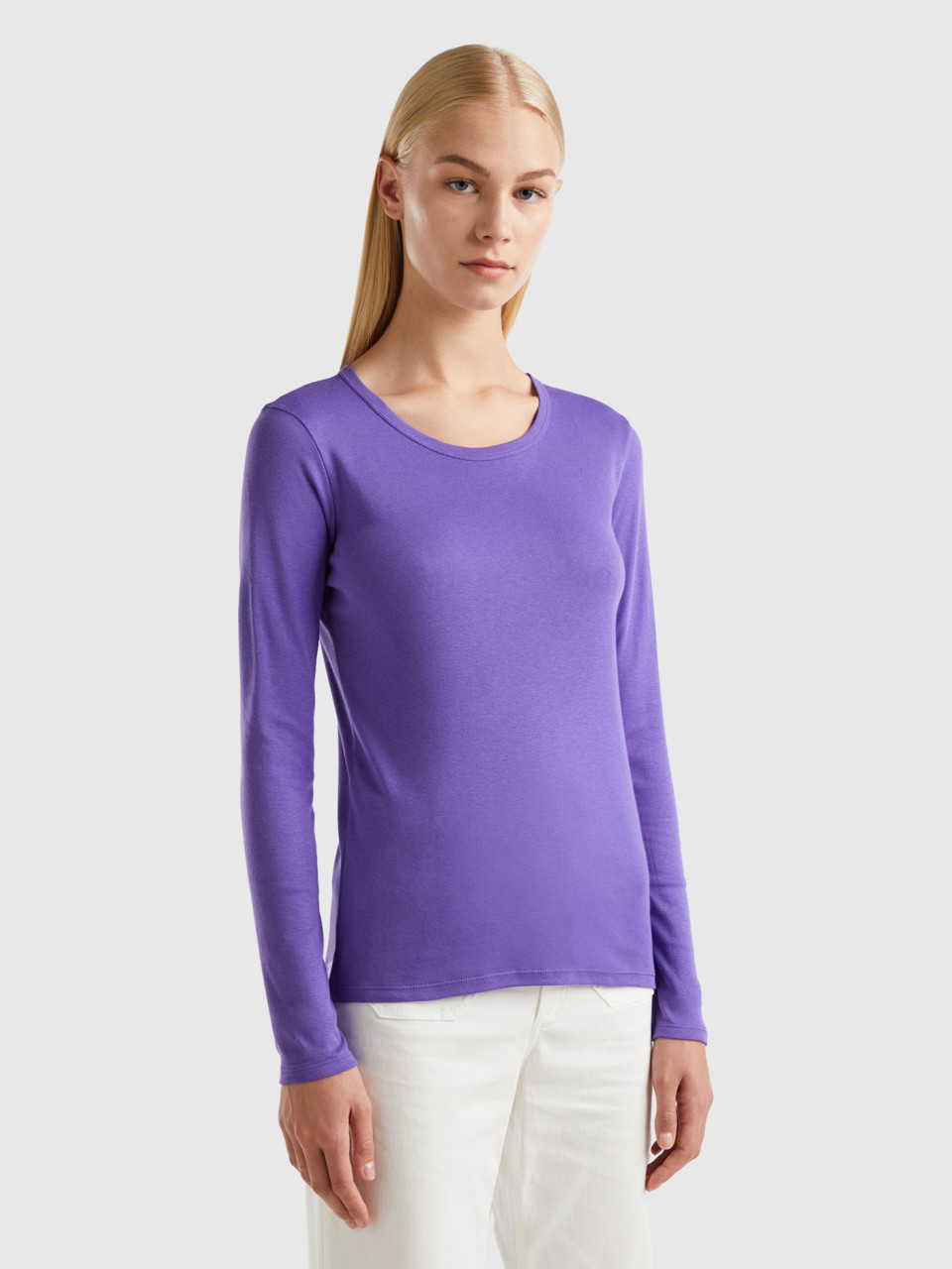 Benetton, Long Sleeve Pure Cotton T-shirt, Violet, Women