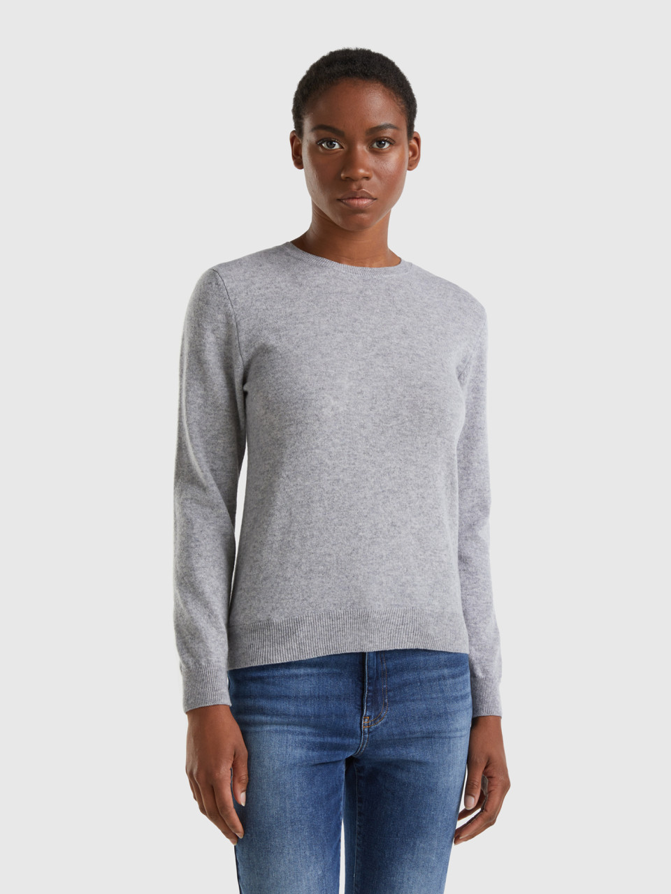 Benetton, Light Gray Crew Neck Sweater In Merino Wool, Light Gray, Women