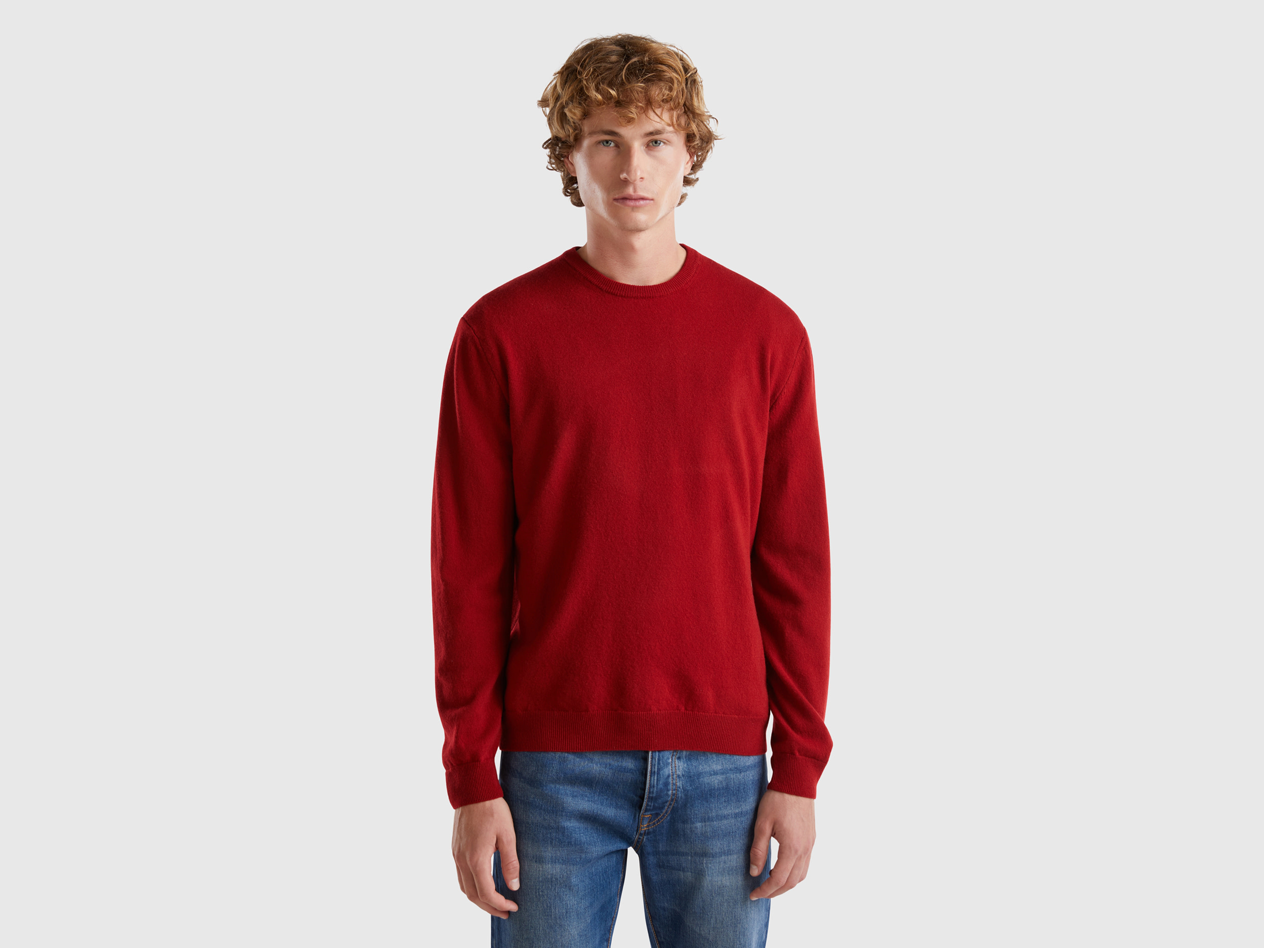 Benetton, Maglia Girocollo Bordeaux In Pura Lana Merino, Bordeaux, Uomo