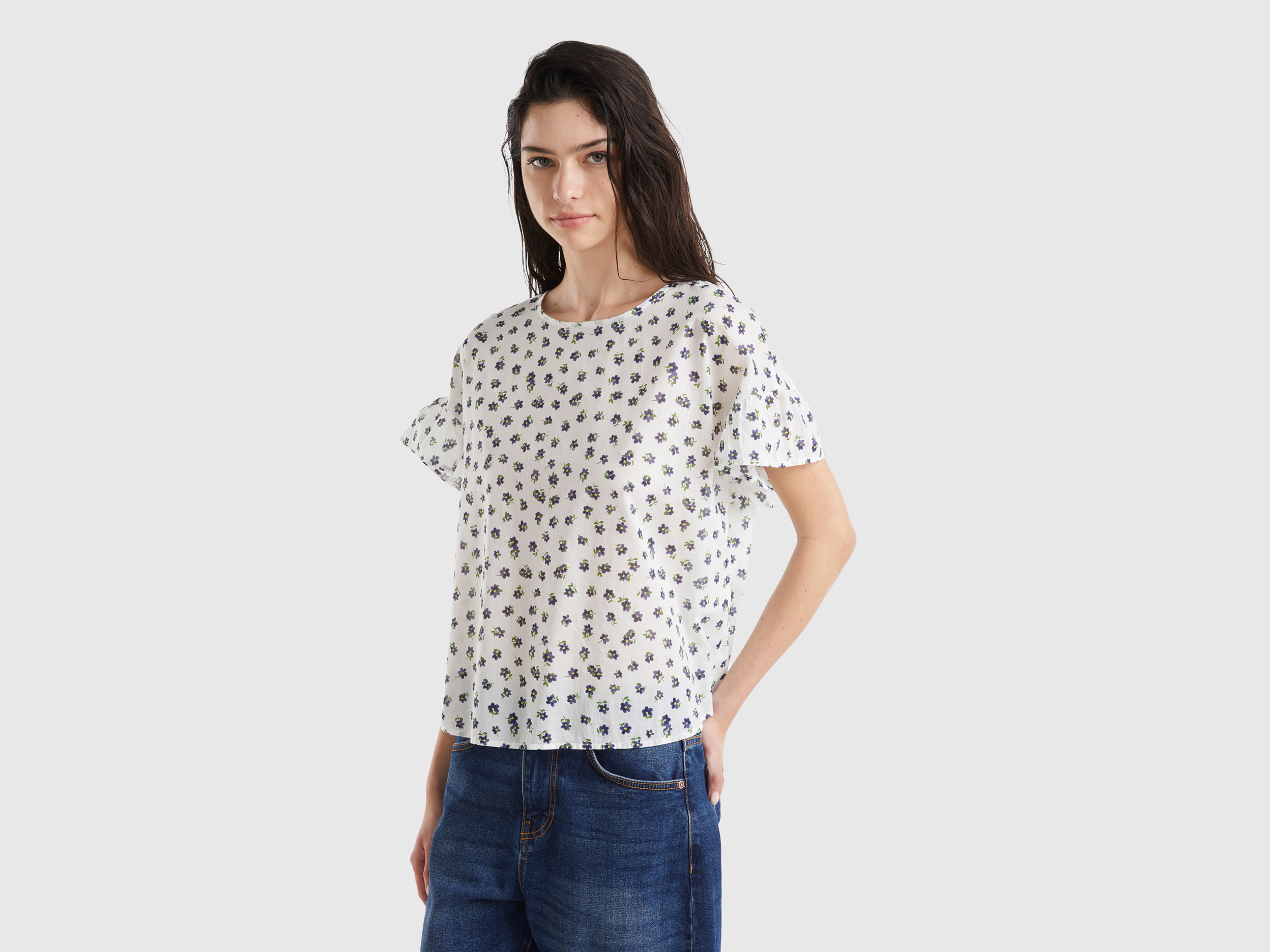 Benetton, Blusa Fantasia In Cotone Leggero, Bianco Panna, Donna