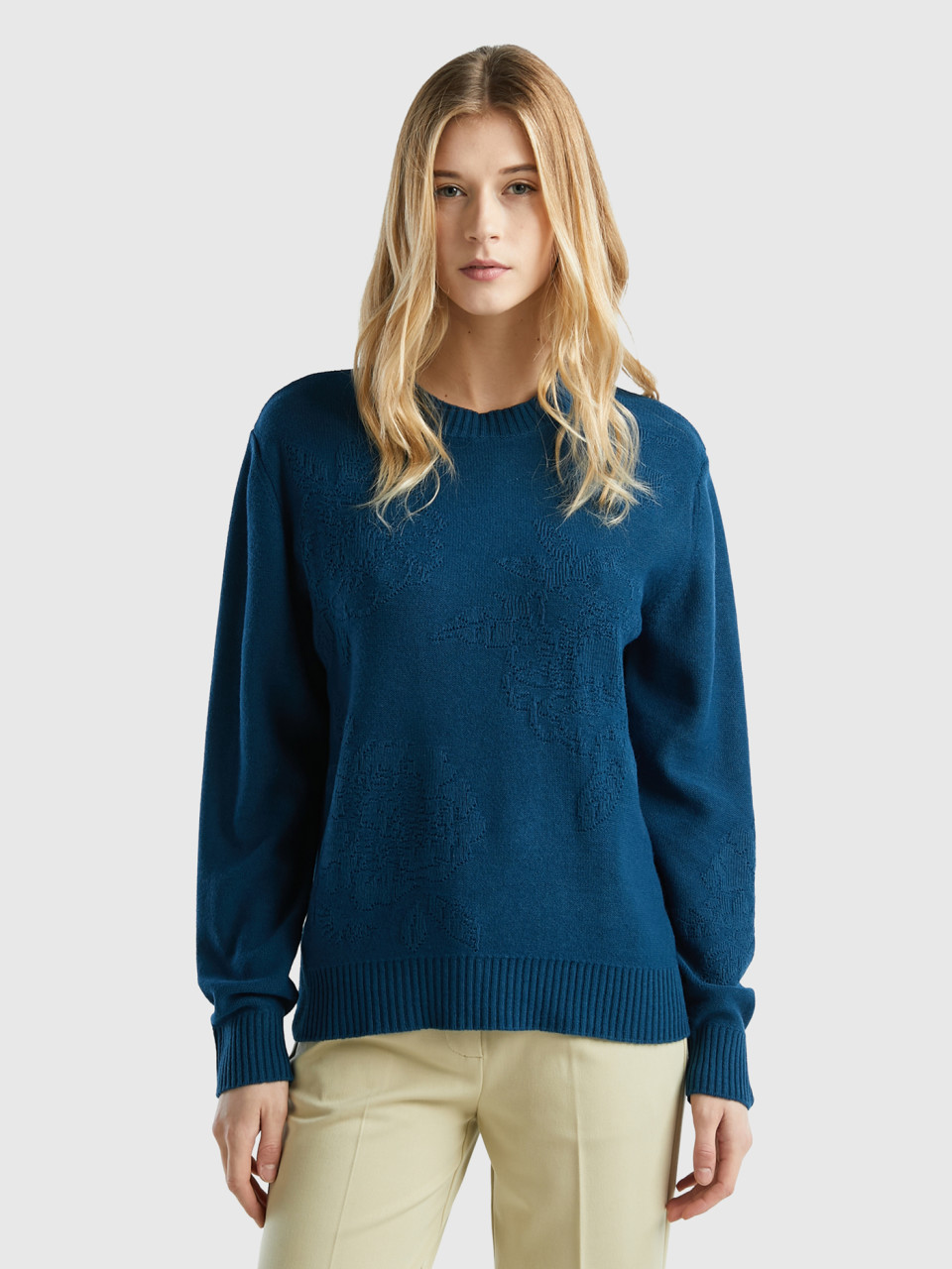 Benetton, Cashmere Blend Sweater With Floral Designs, Teal, Women