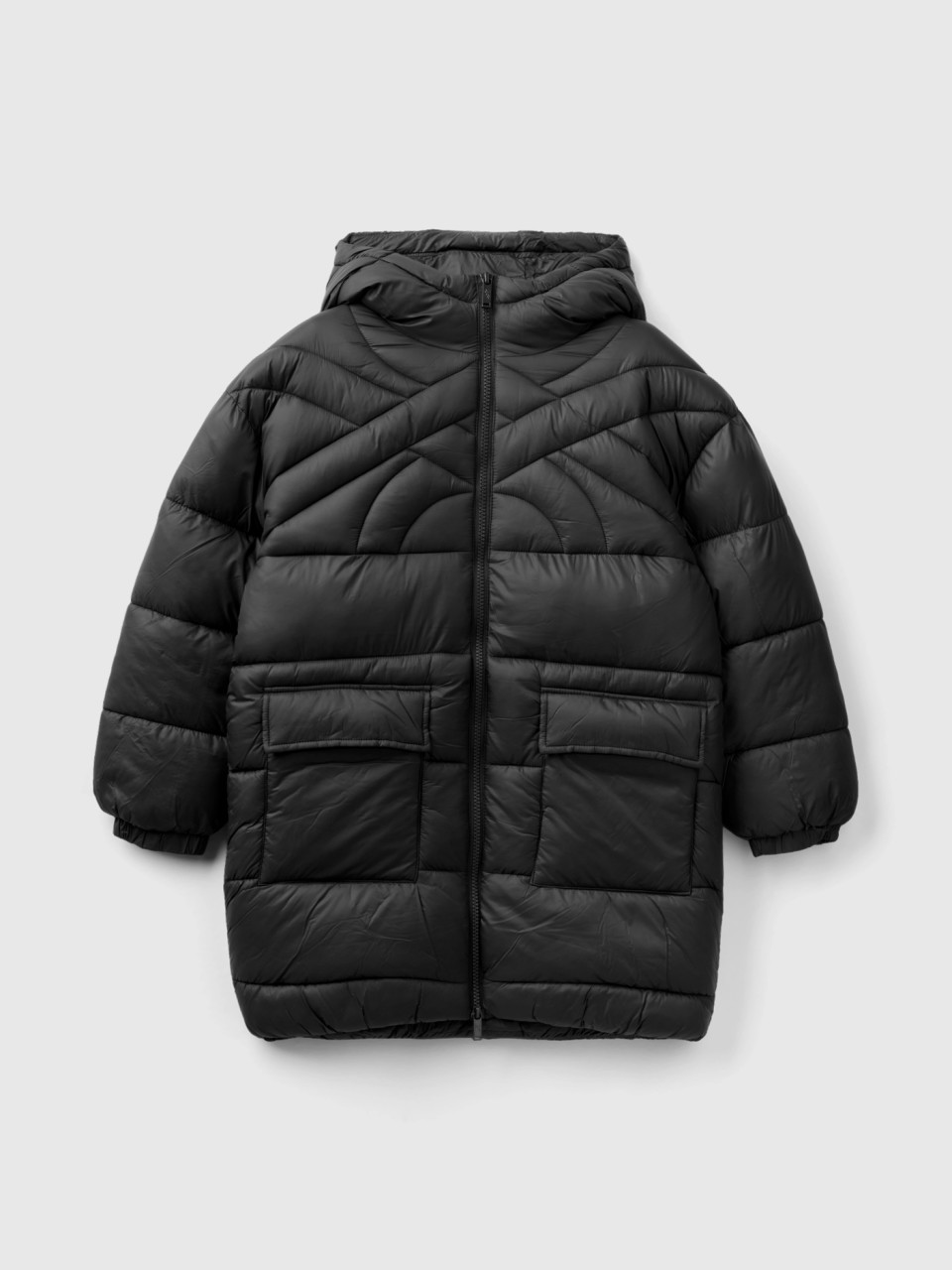 Benetton, Long Padded Jacket With Recycled Wadding, Black, Kids