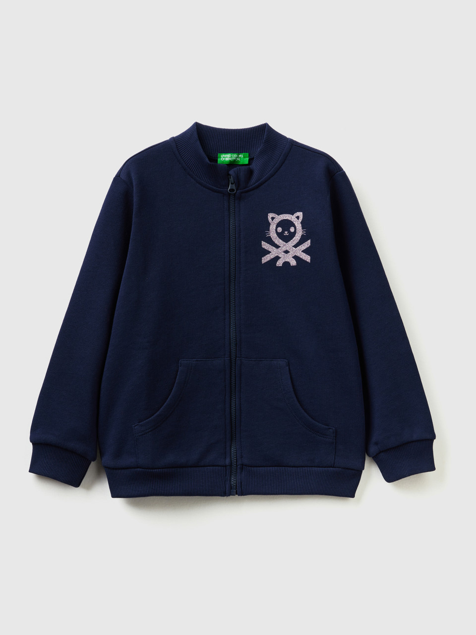 Benetton, Sweatshirt With Zip In Organic Cotton, Dark Blue, Kids