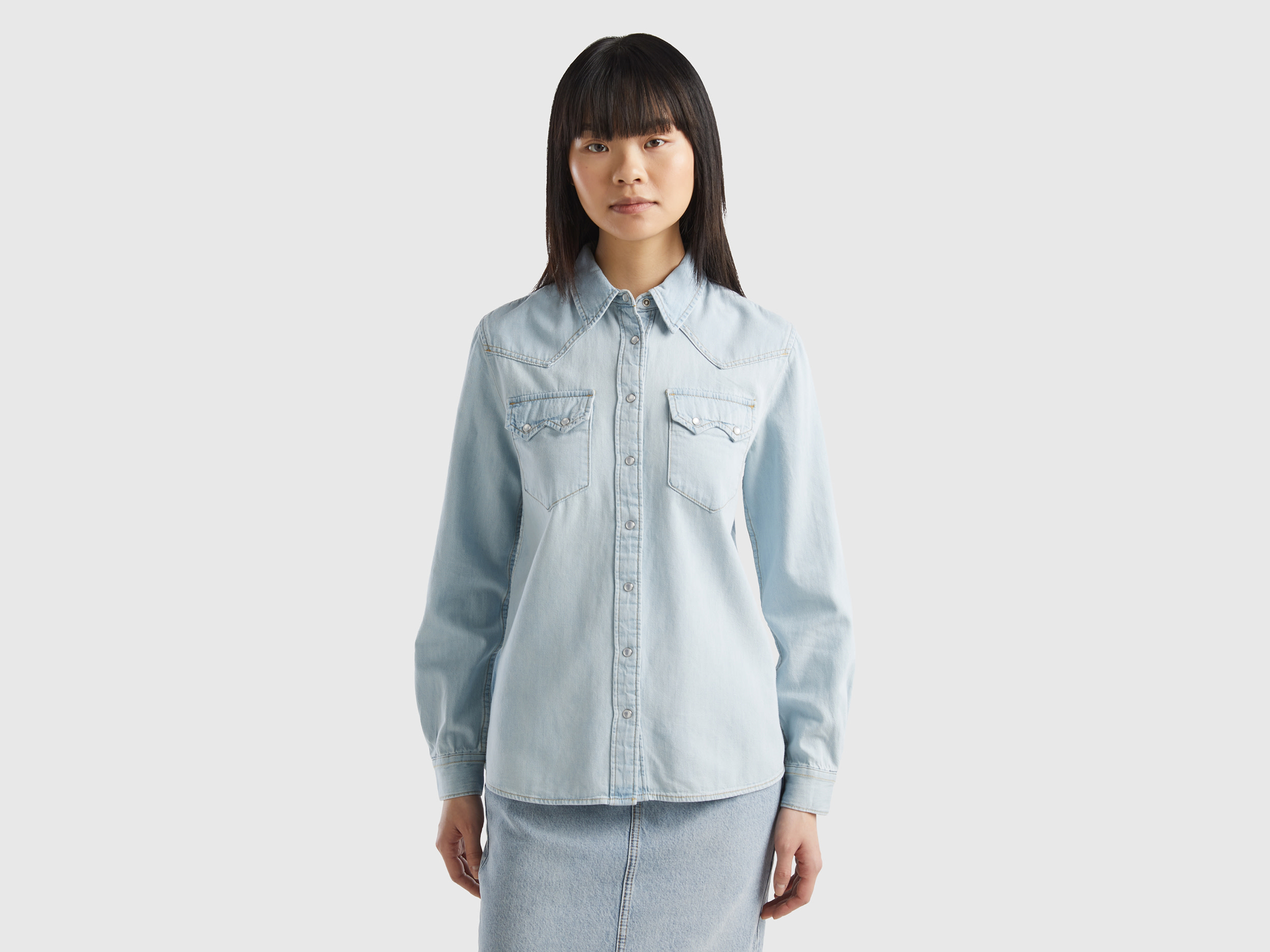 Benetton, Camicia Western Di Jeans, Blu Chiaro, Donna