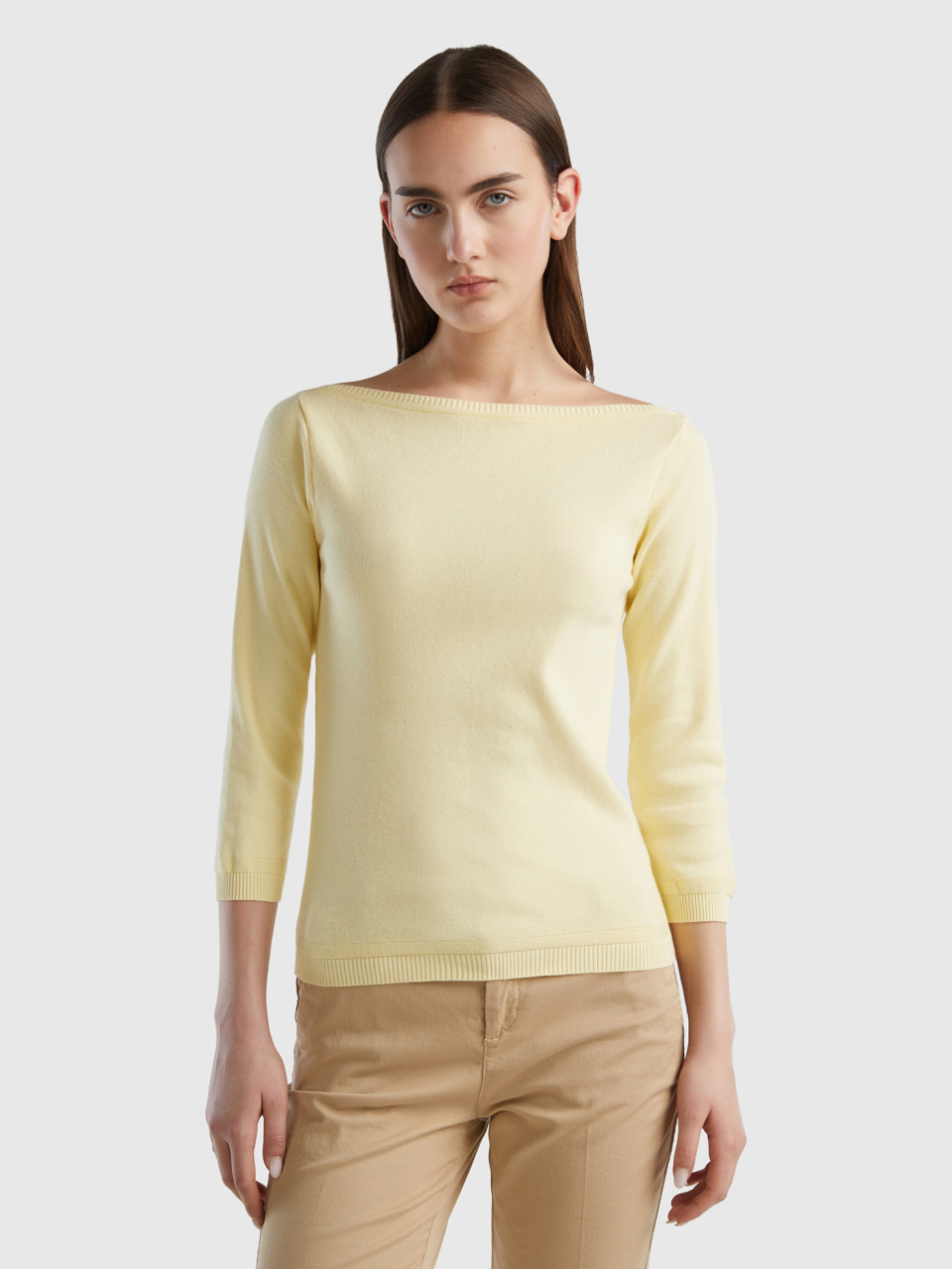 Benetton, 100% Cotton Boat Neck Sweater, Yellow, Women
