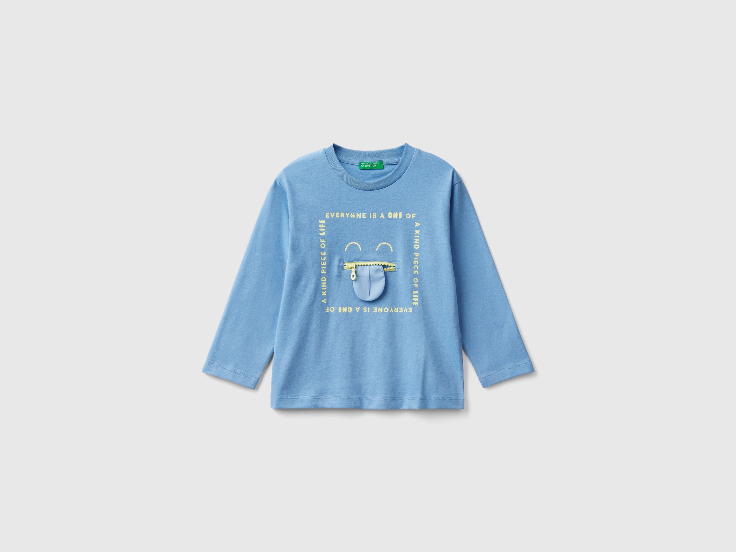Benetton, T-shirt Con Stampa E Applicazione, Azzurro, Bambini