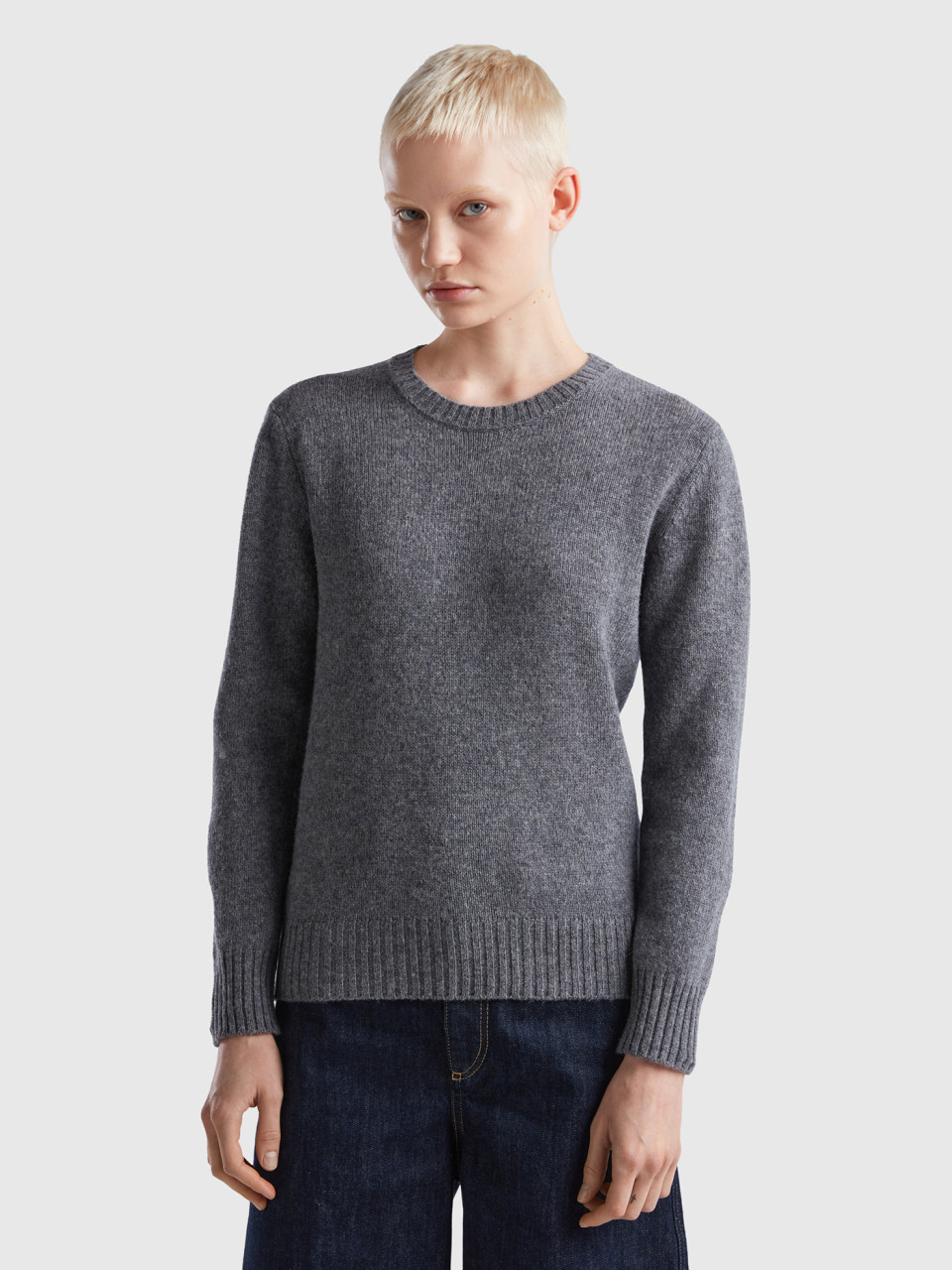 Benetton, Sweater In Pure Shetland Wool, Dark Gray, Women