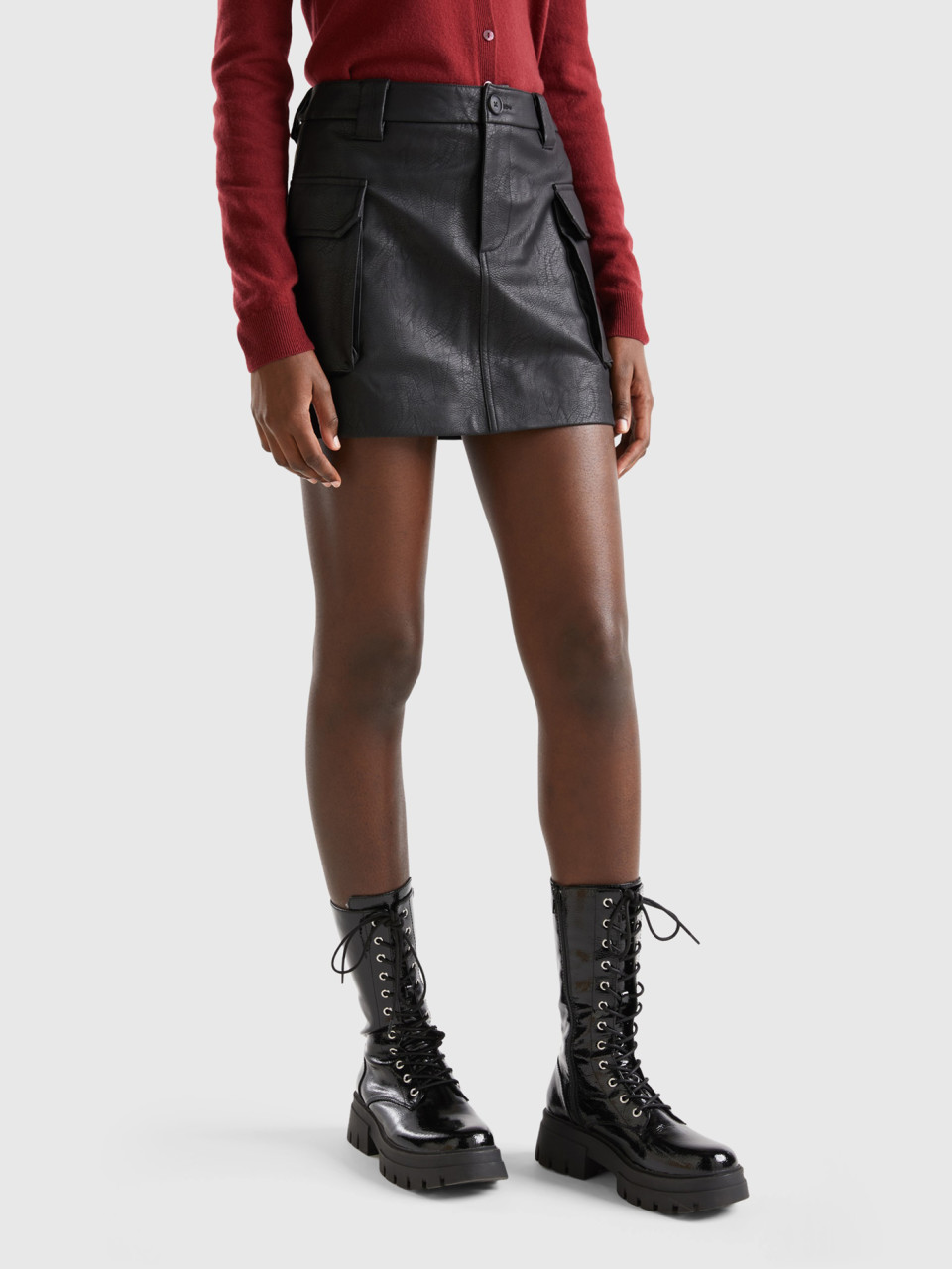 Benetton, Cargo Mini Skirt In Imitation Leather, Black, Women