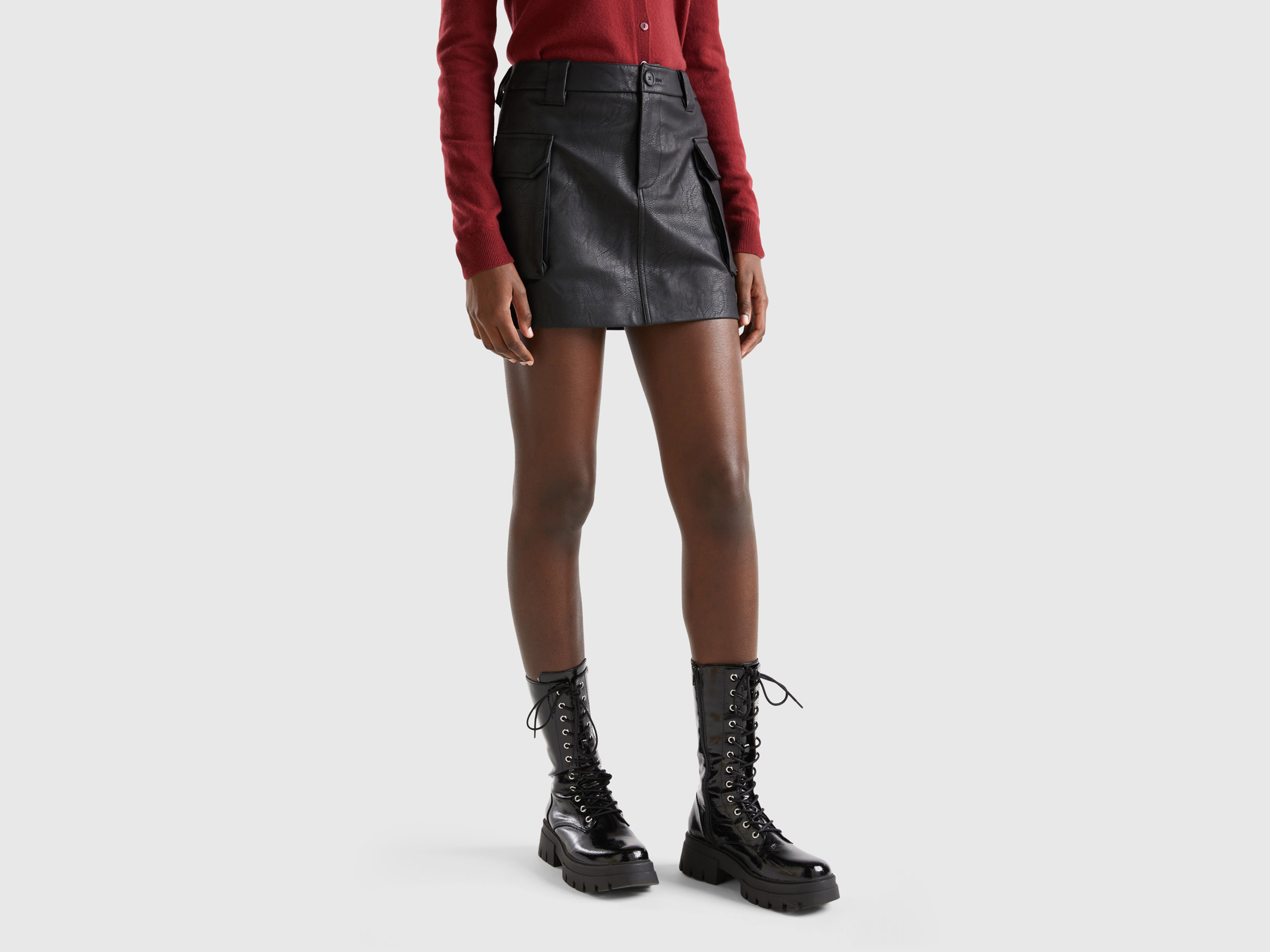Benetton, Cargo Mini Skirt In Imitation Leather, size 12, Black, Women