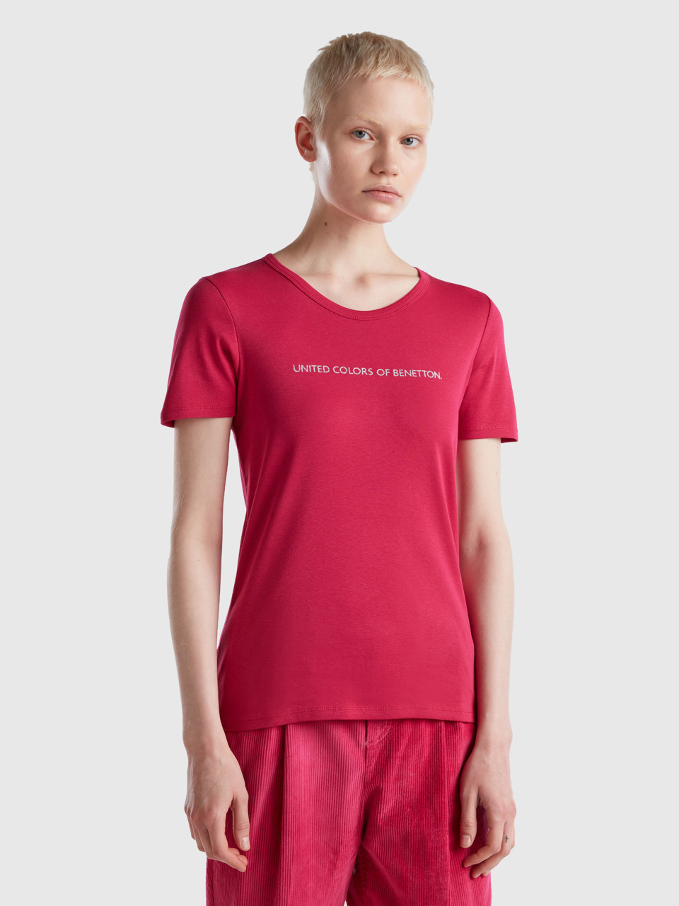 Benetton, T-shirt 100% Coton Avec Logo Imprimé Pailleté, Cyclamen, Femme