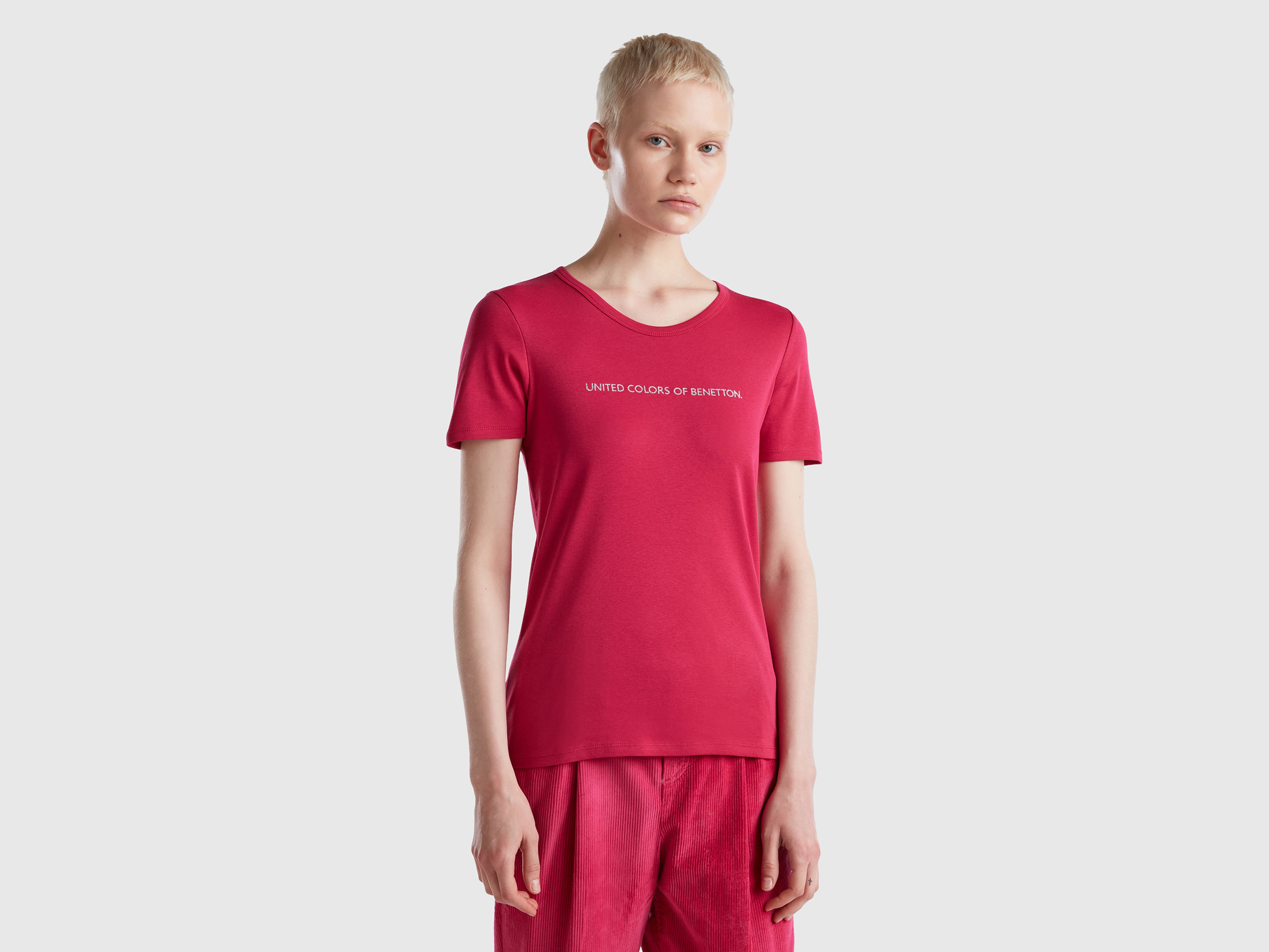 Benetton, T-shirt In 100% Cotton With Glitter Print Logo, size L, Cyclamen, Women