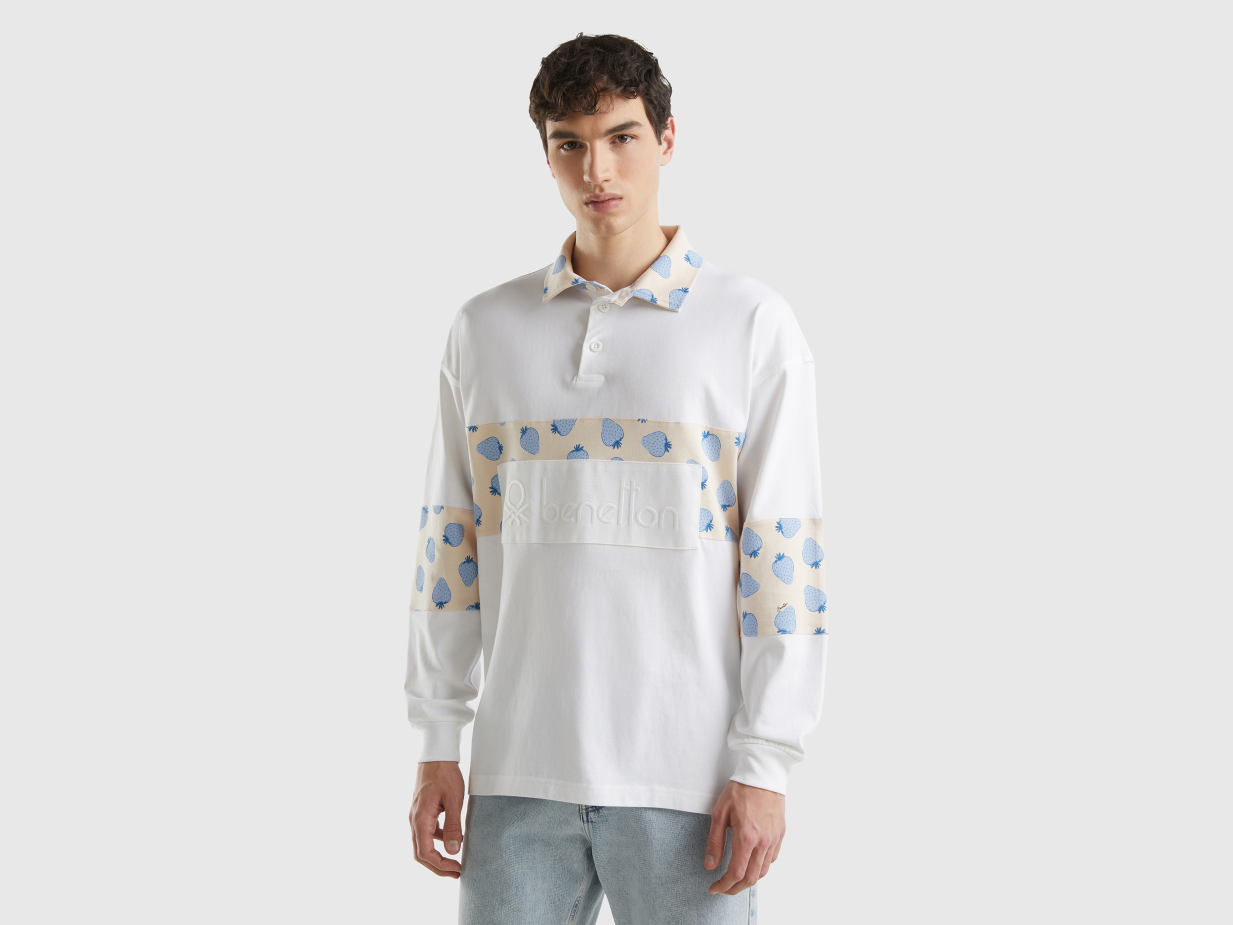Benetton, Polo Rugby Con Dettagli Pattern Fragole, Bianco, Uomo