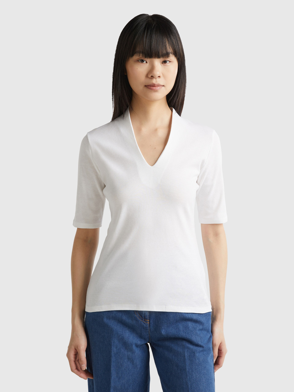 Benetton, T-shirt Ajusté En Coton À Fibre Longue, Blanc, Femme