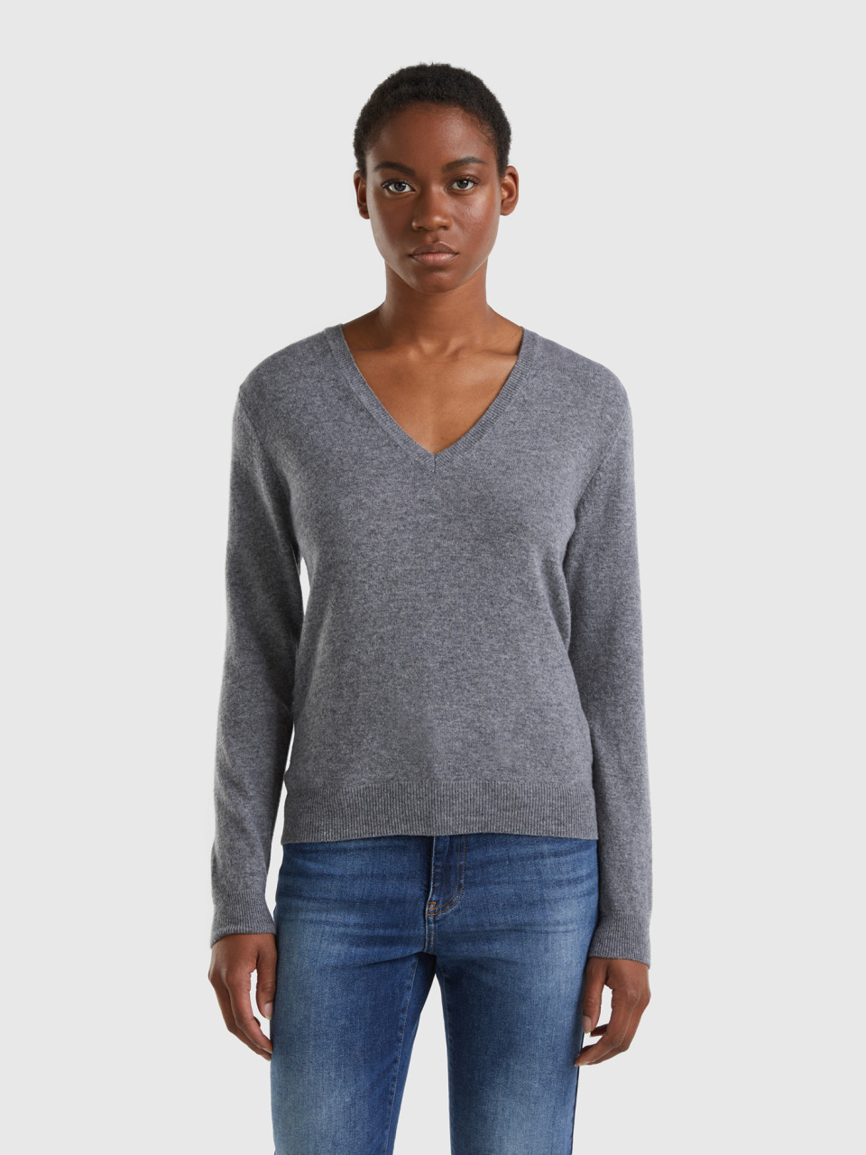 Benetton, Gray V-neck Sweater In Pure Merino Wool, Gray, Women