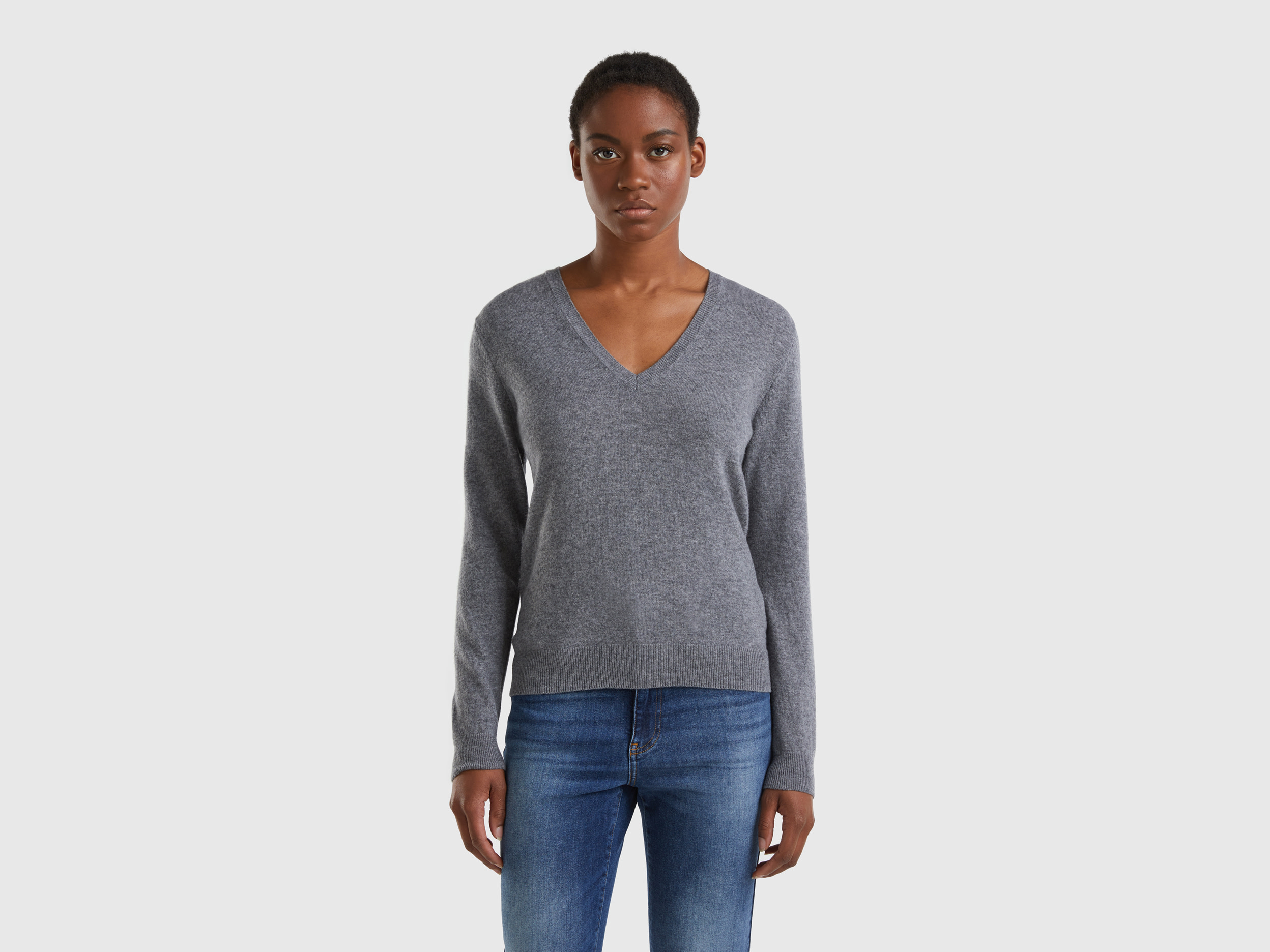 Benetton, Gray V-neck Sweater In Pure Merino Wool, size M, Gray, Women