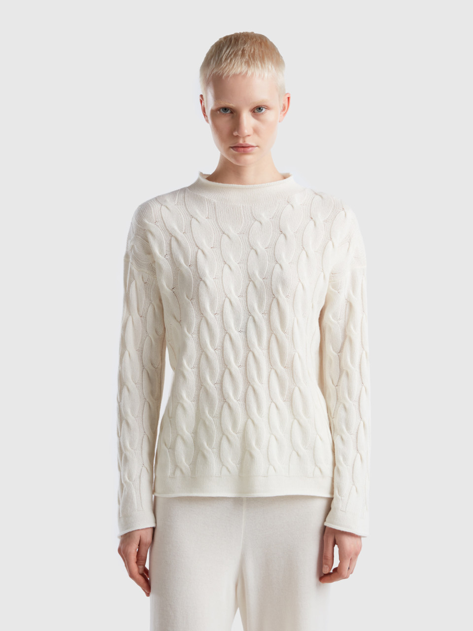 Benetton, Cable Knit Sweater, Creamy White, Women