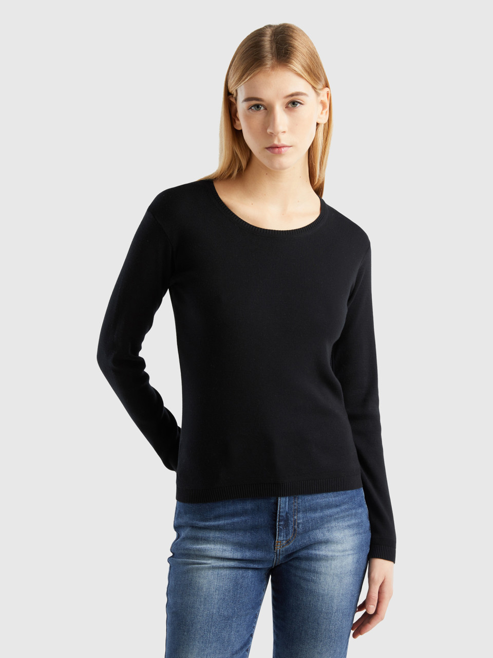 Benetton Online exclusive, Crew Neck Sweater In Pure Cotton, Black, Women