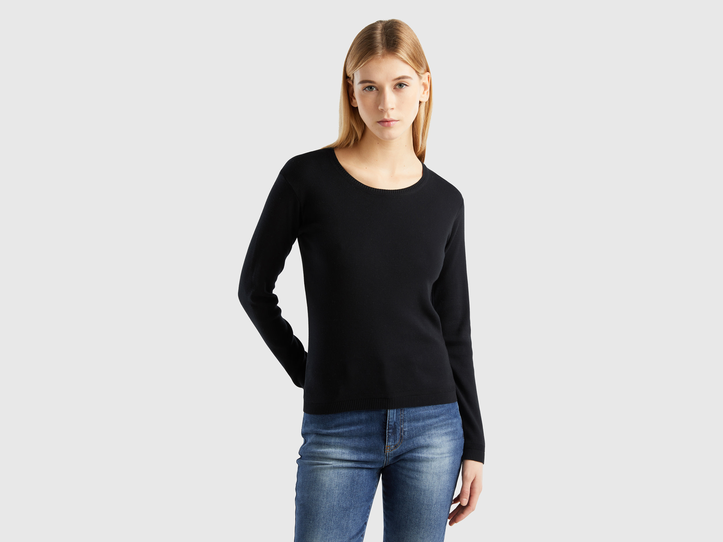 Benetton Online exclusive, Crew Neck Sweater In Pure Cotton, size S, Black, Women
