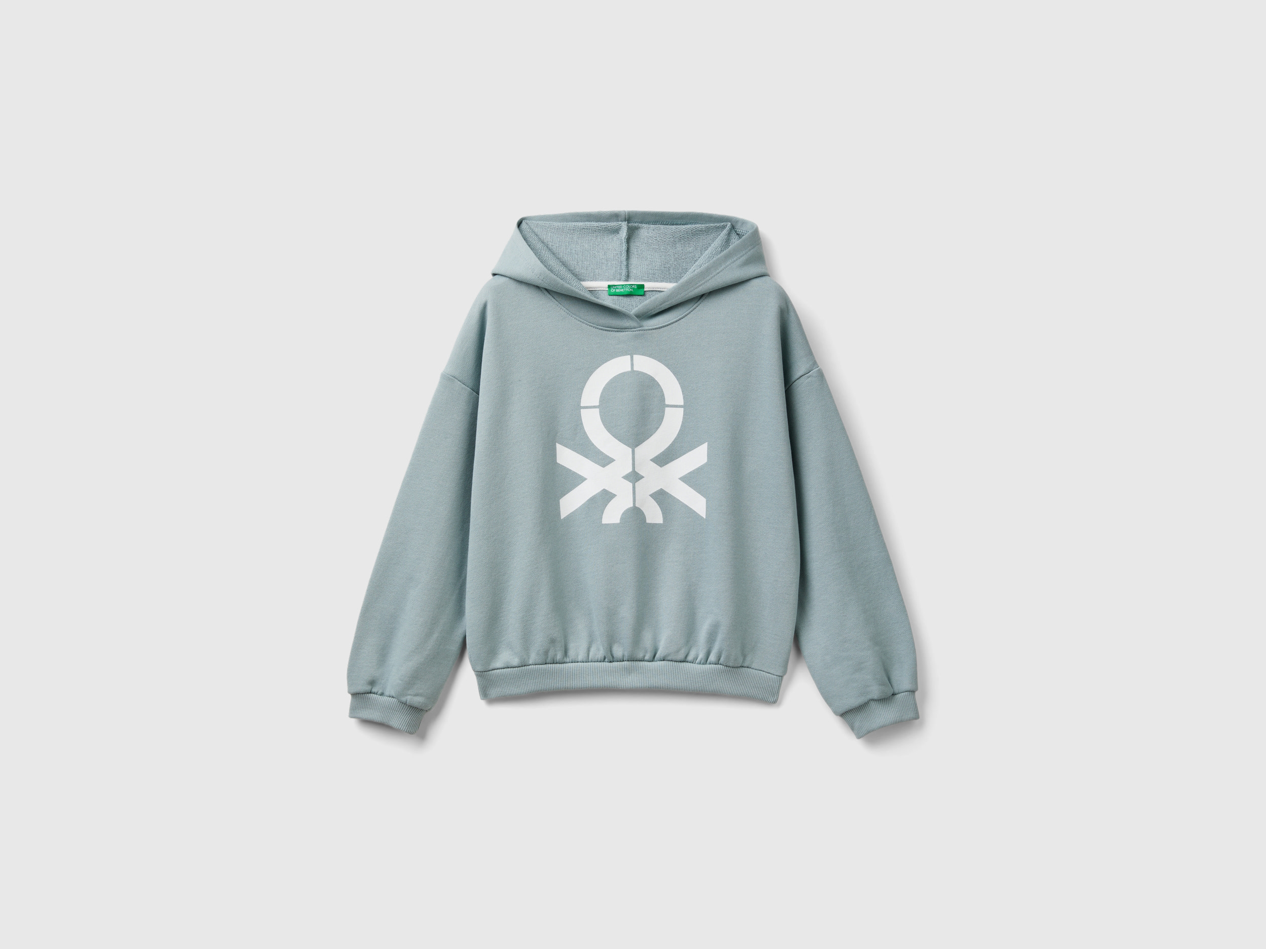 Benetton, Felpa Con Cappuccio 100% Cotone, Grigio Perla, Bambini