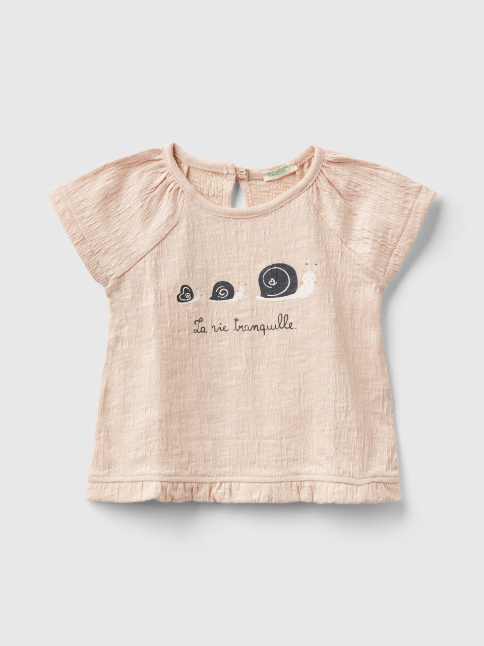 Benetton, T-shirt With Print And Rouches, Peach, Kids