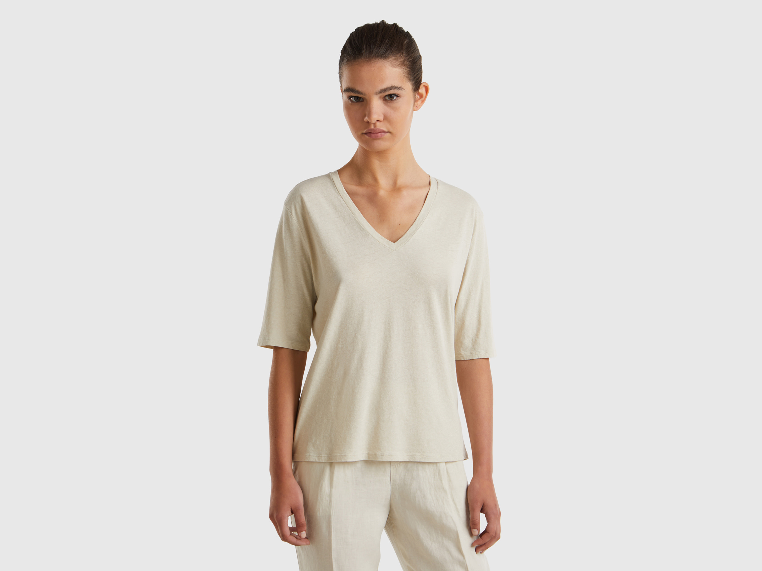 Benetton, Maglietta In Misto Cotone E Lino, Beige, Donna