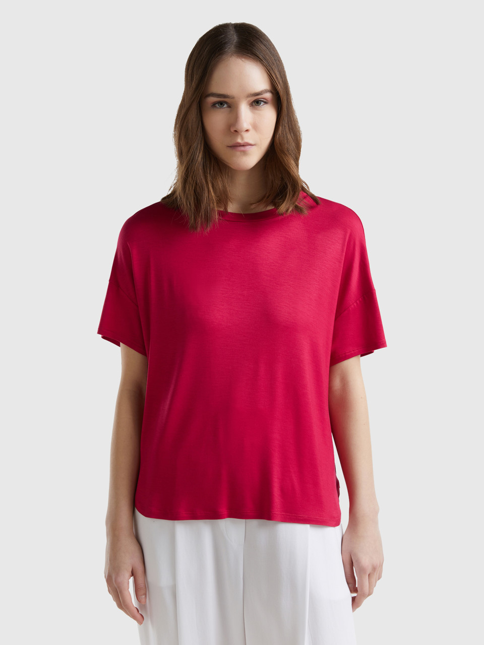Benetton, Camiseta De Viscosa Sostenible Elástica, Ciclamen, Mujer